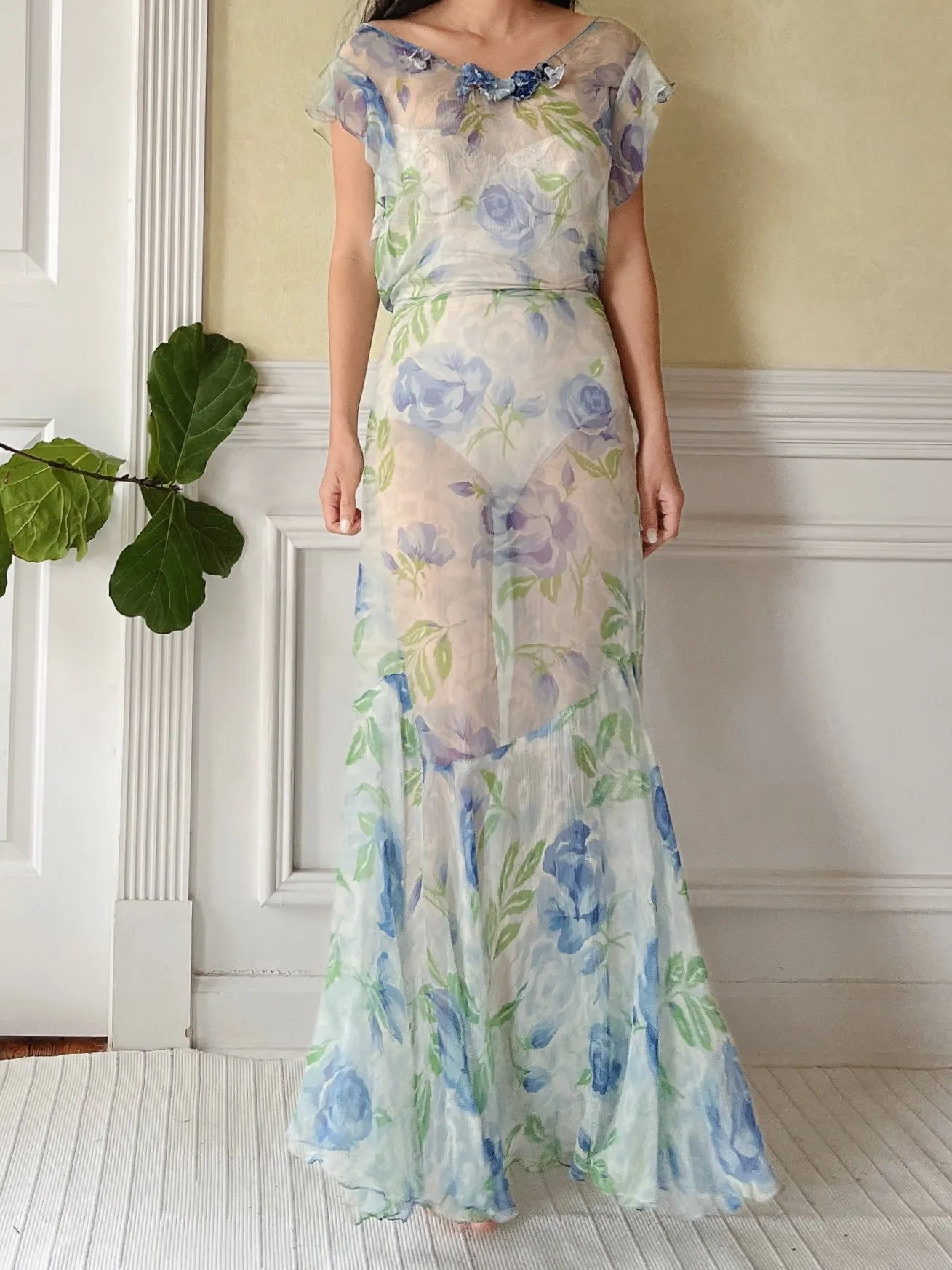 1930s Blue Floral Silk Dress - M