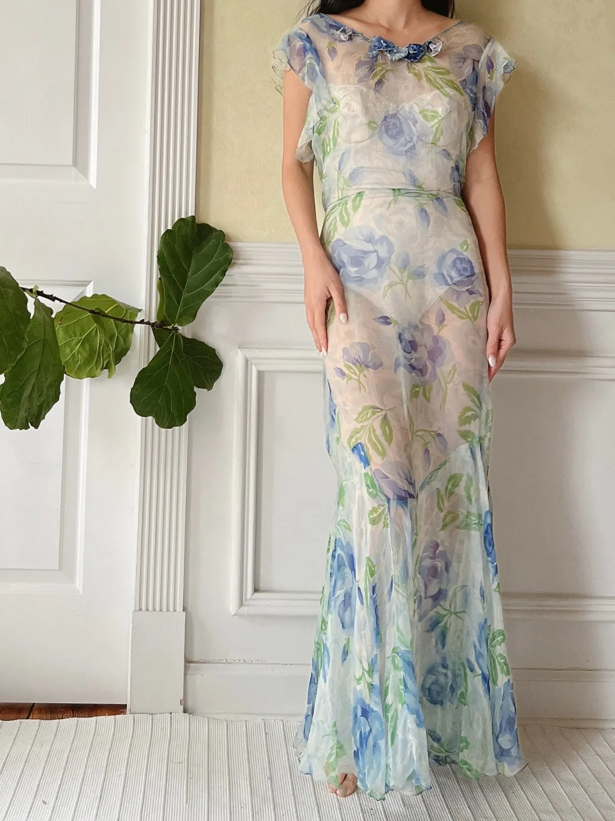1930s Blue Floral Silk Dress - M