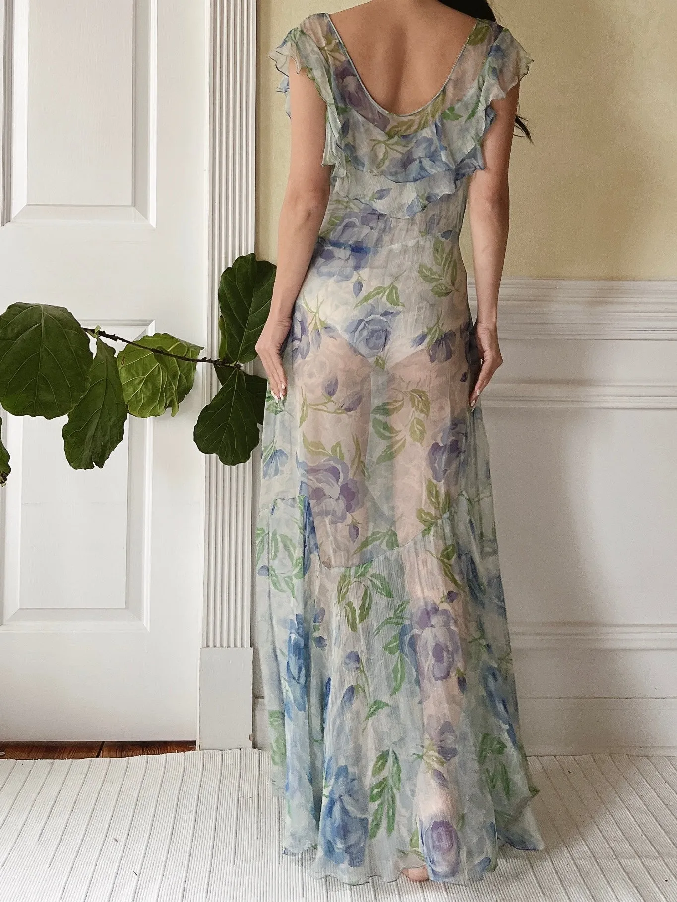 1930s Blue Floral Silk Dress - M
