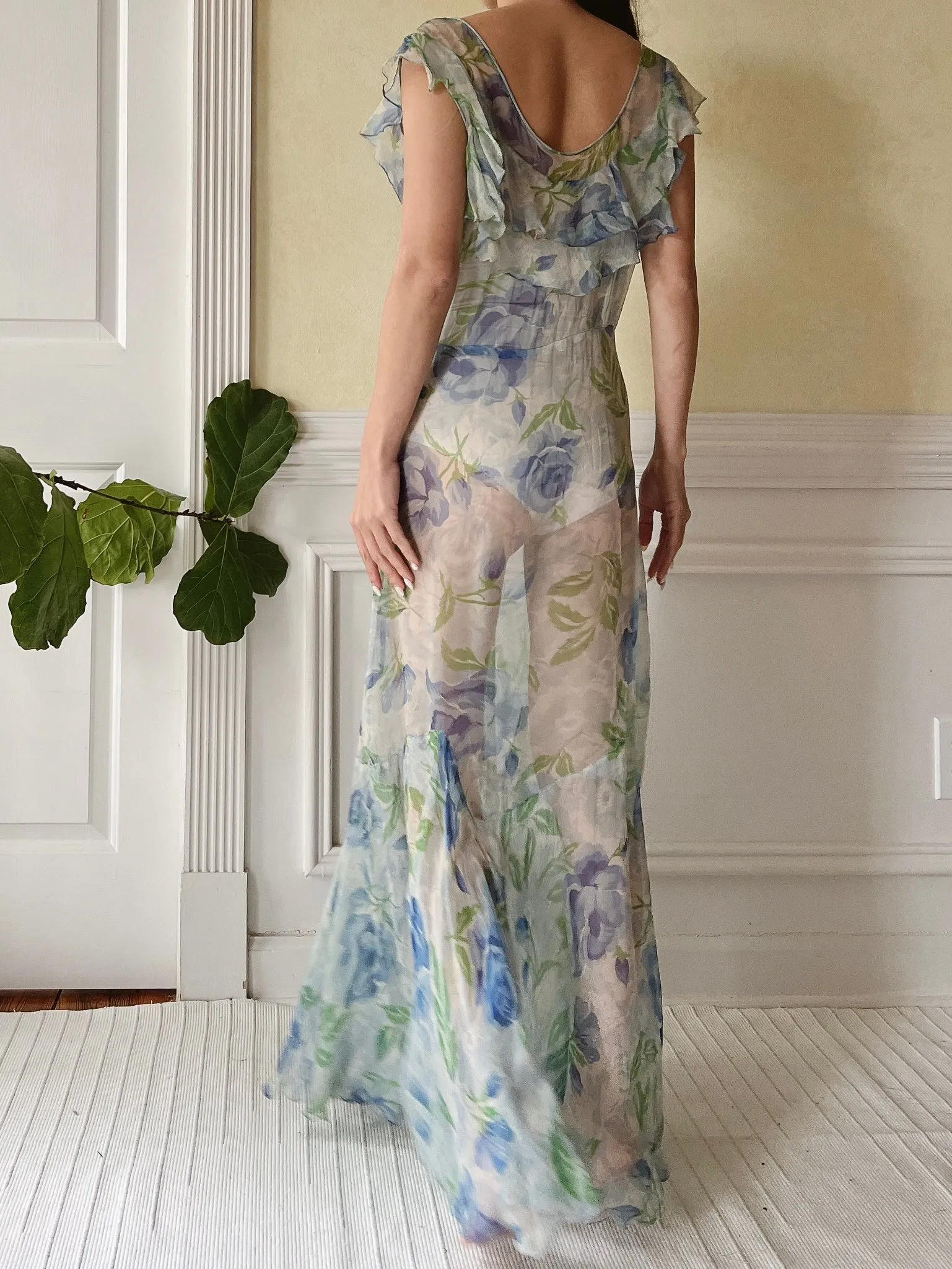 1930s Blue Floral Silk Dress - M