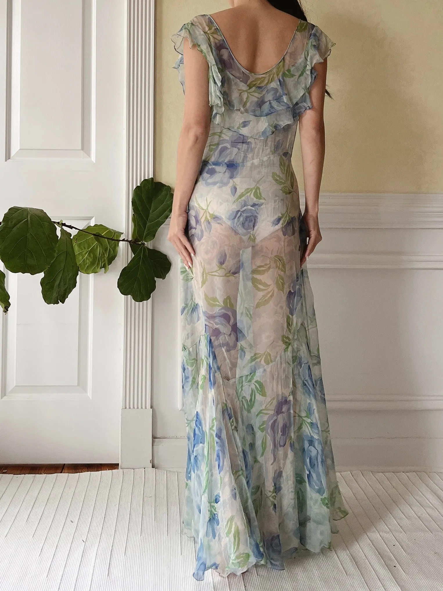 1930s Blue Floral Silk Dress - M