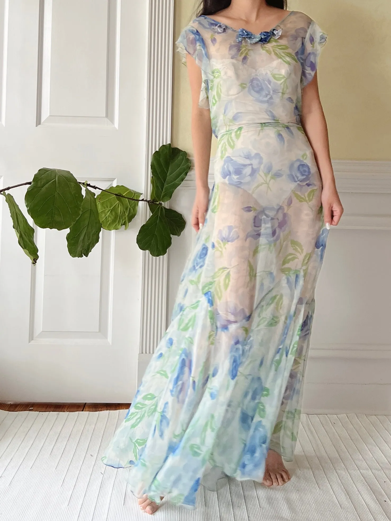 1930s Blue Floral Silk Dress - M