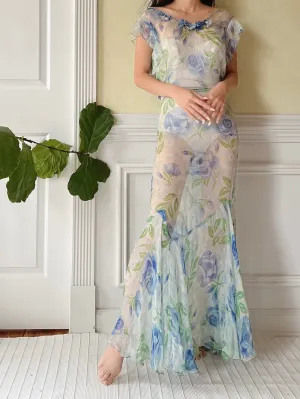 1930s Blue Floral Silk Dress - M