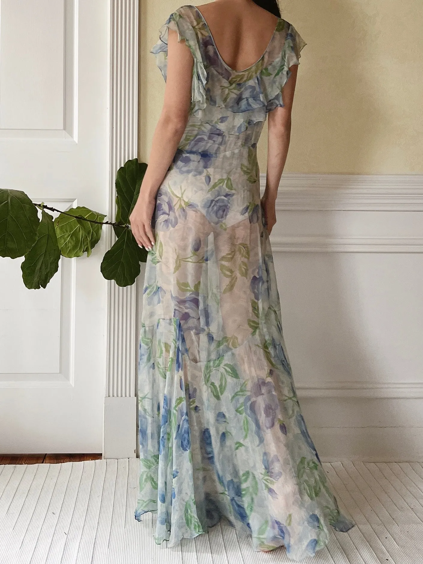 1930s Blue Floral Silk Dress - M