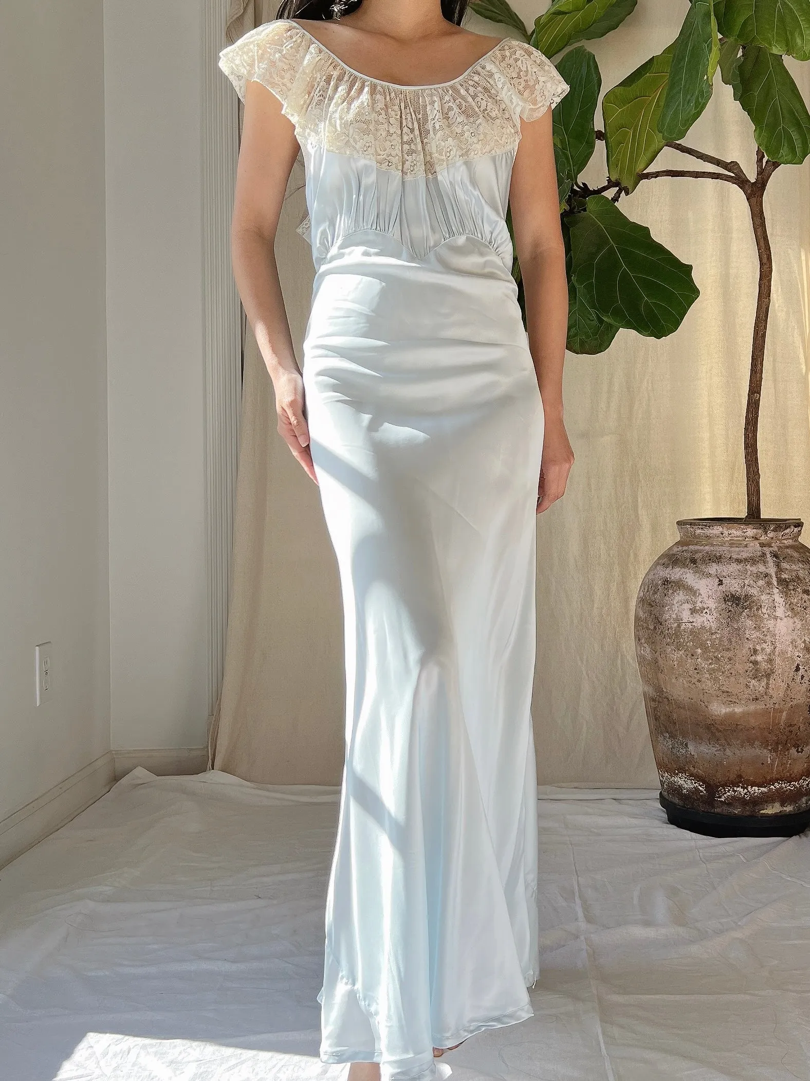 1930s Blue Satin Slip Dress - M