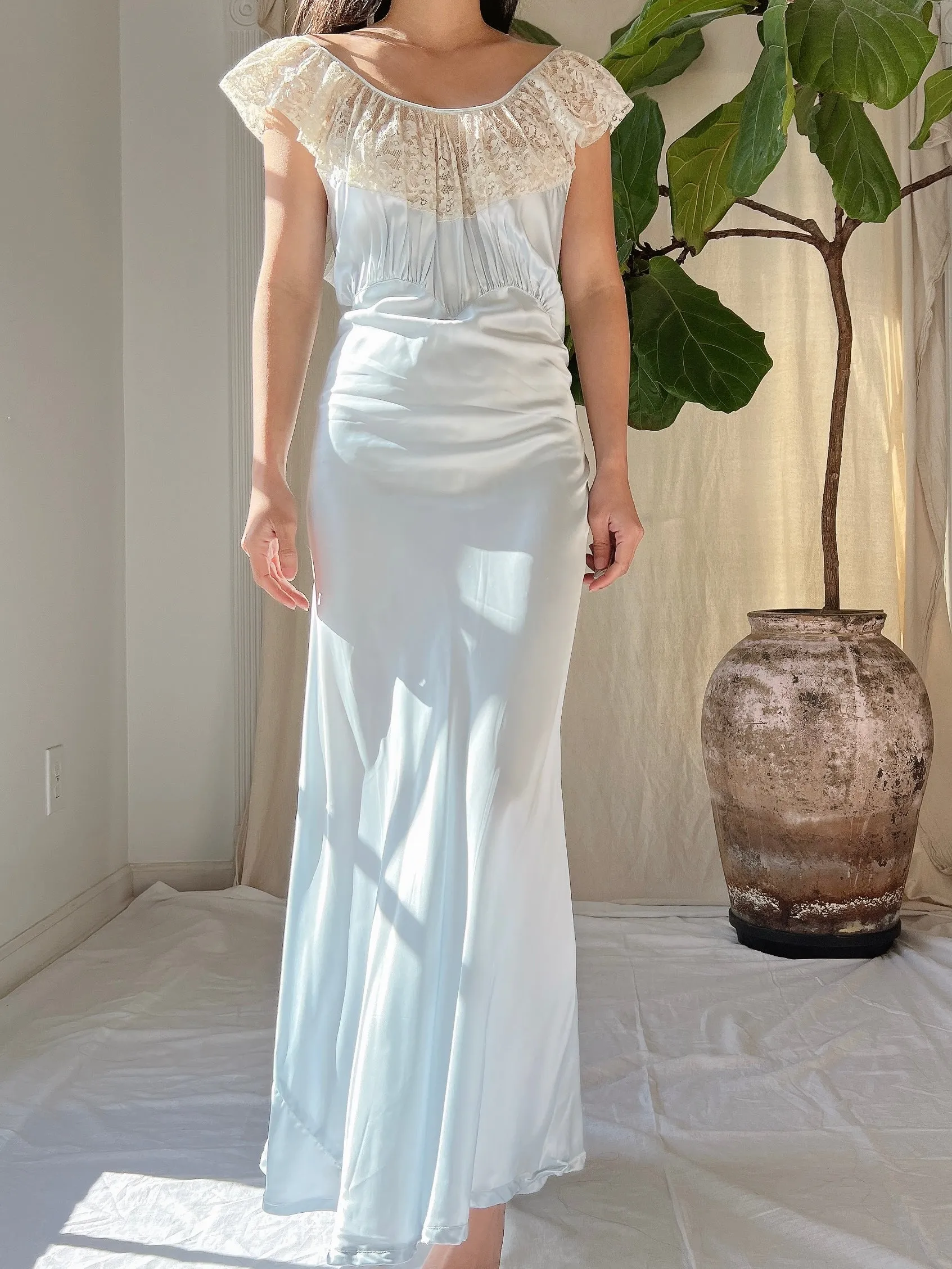 1930s Blue Satin Slip Dress - M
