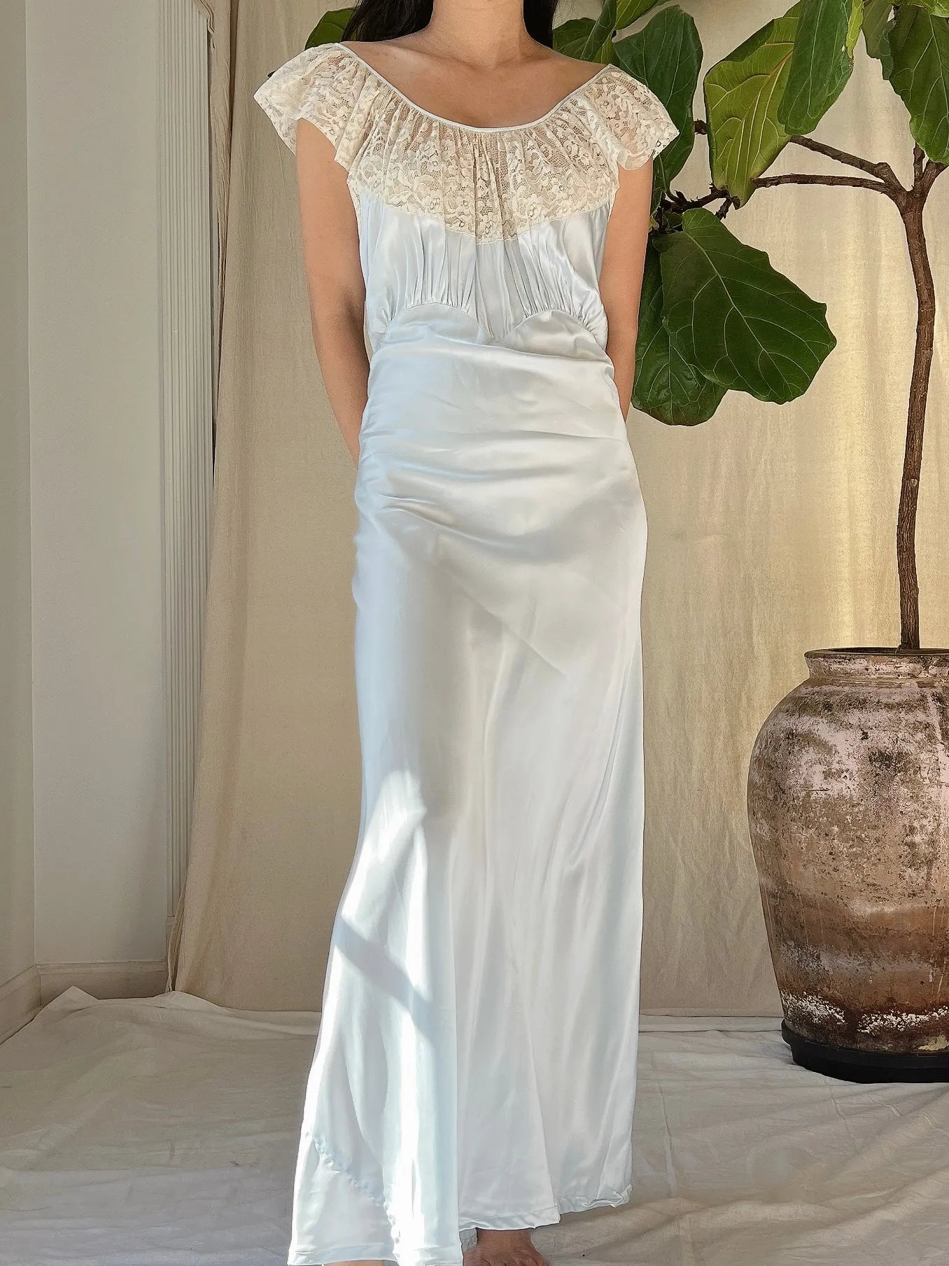 1930s Blue Satin Slip Dress - M