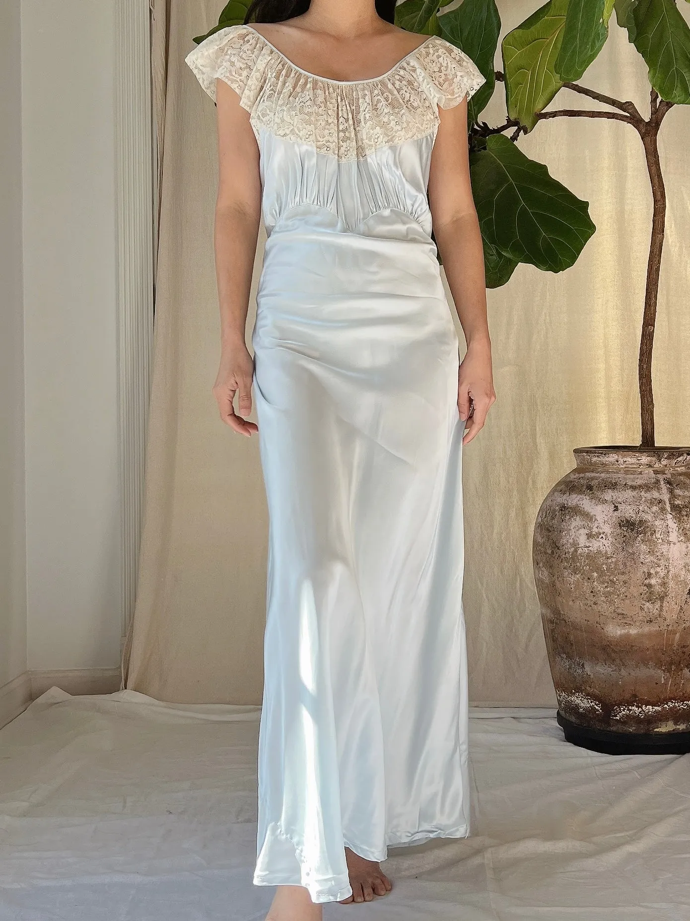1930s Blue Satin Slip Dress - M