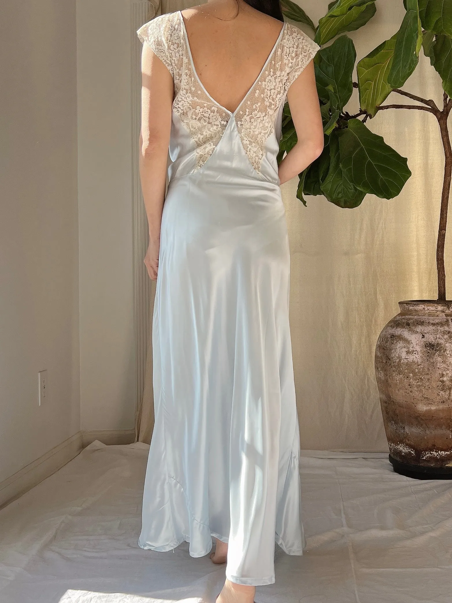 1930s Blue Satin Slip Dress - M