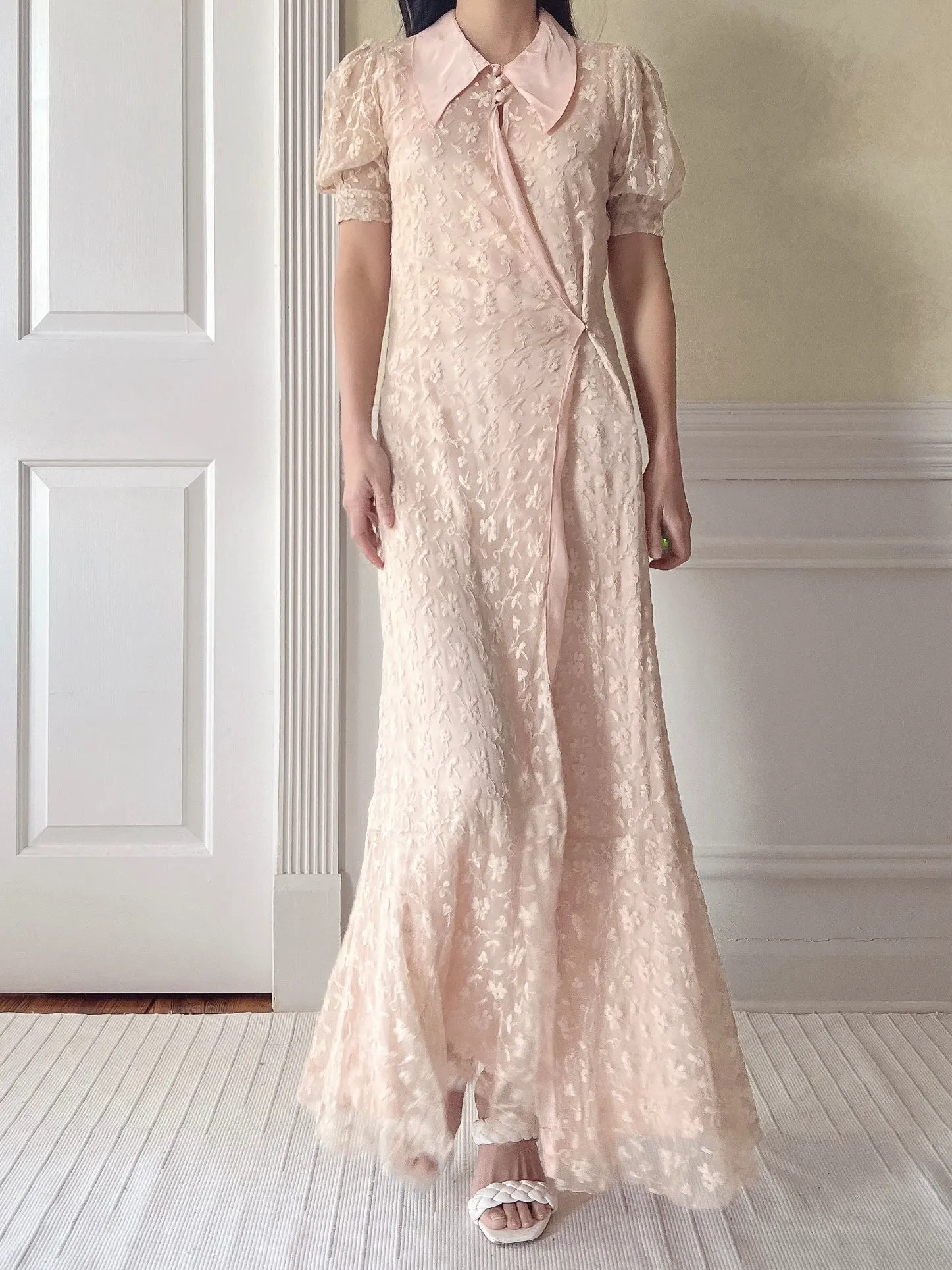 1930s Peach Needle Lace Dressing Gown  - XS/S