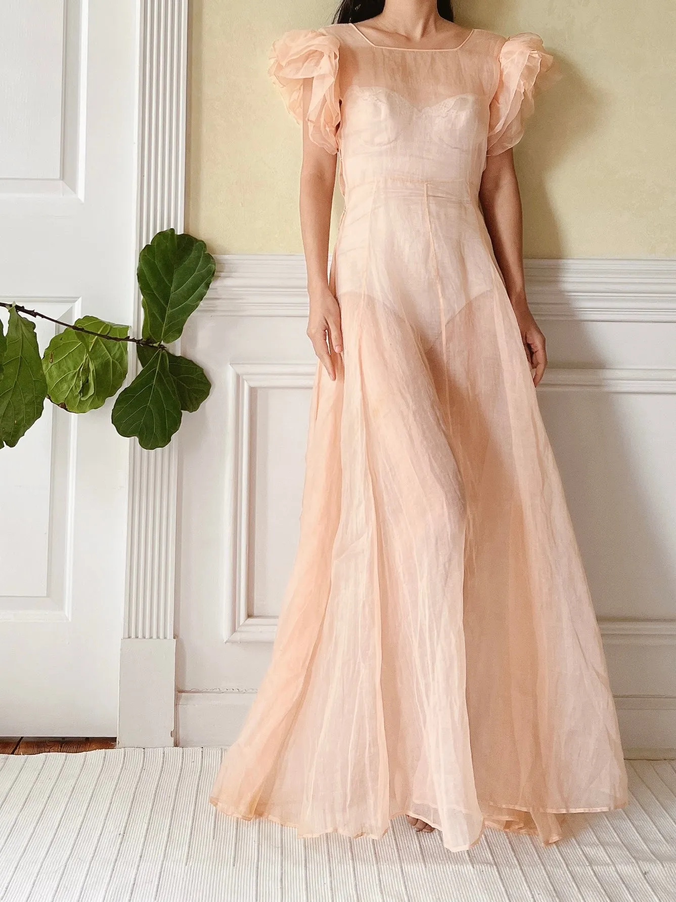 1930s Peach Organdy Dress - XS