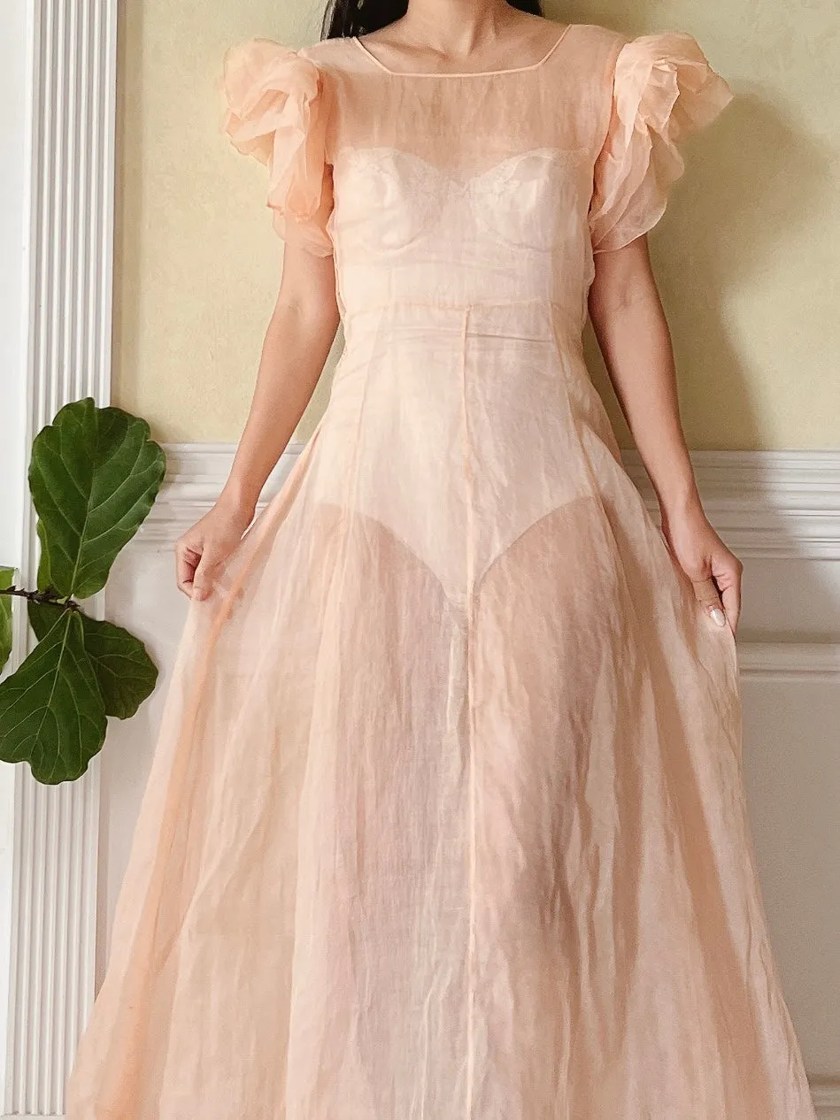1930s Peach Organdy Dress - XS
