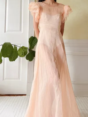 1930s Peach Organdy Dress - XS