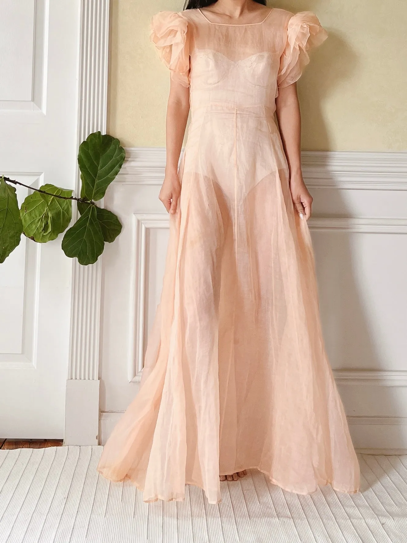 1930s Peach Organdy Dress - XS