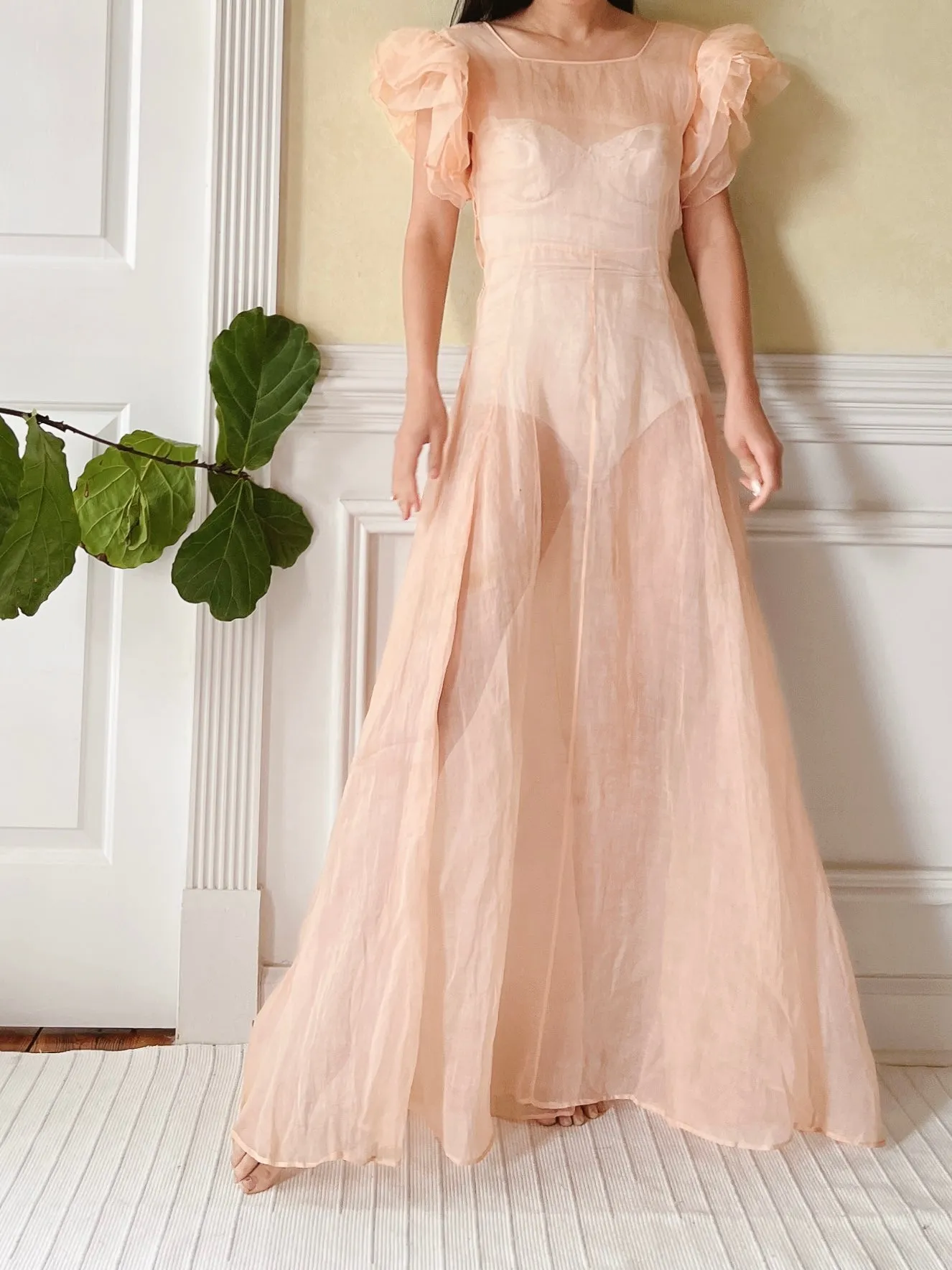 1930s Peach Organdy Dress - XS