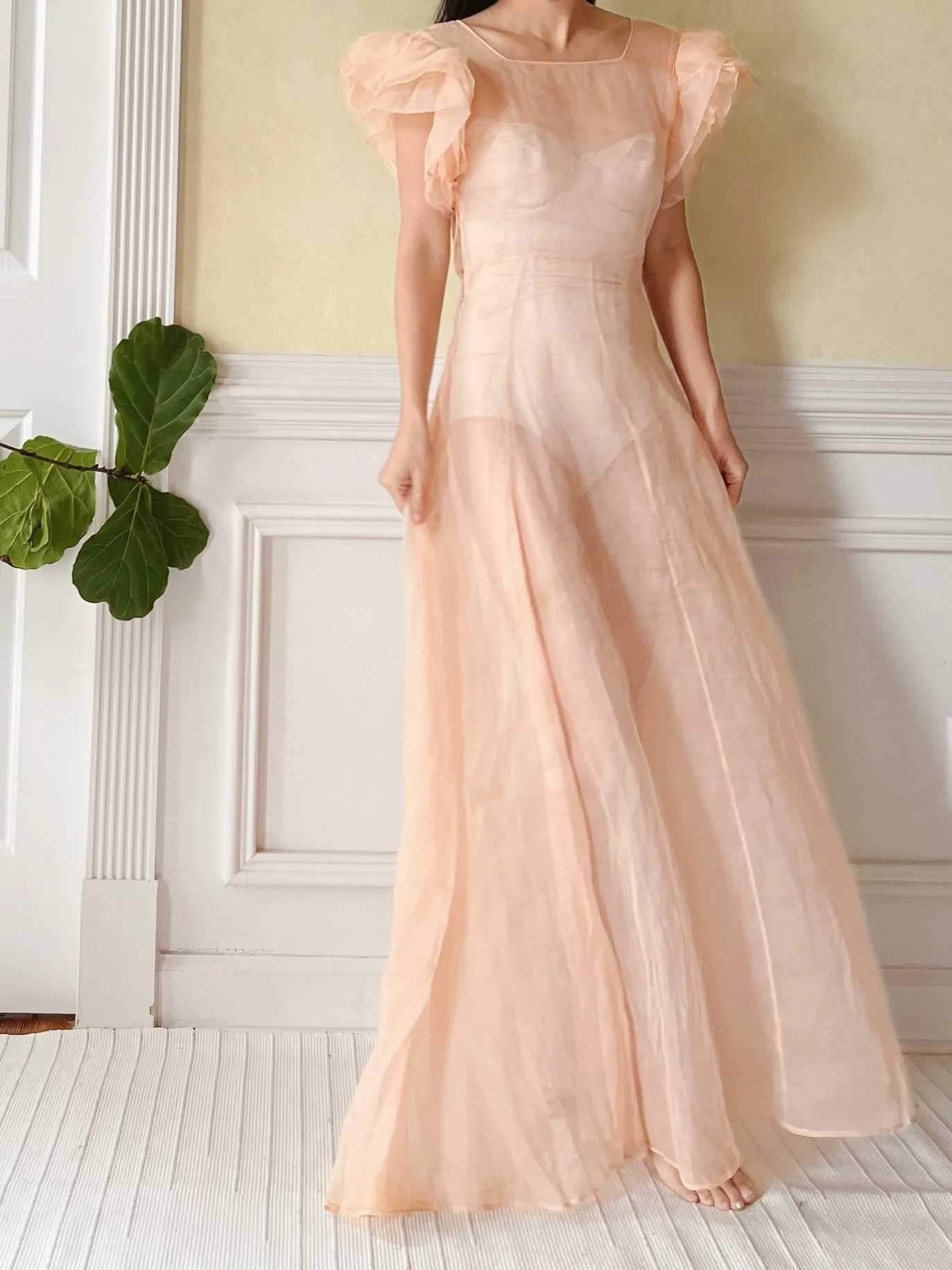 1930s Peach Organdy Dress - XS