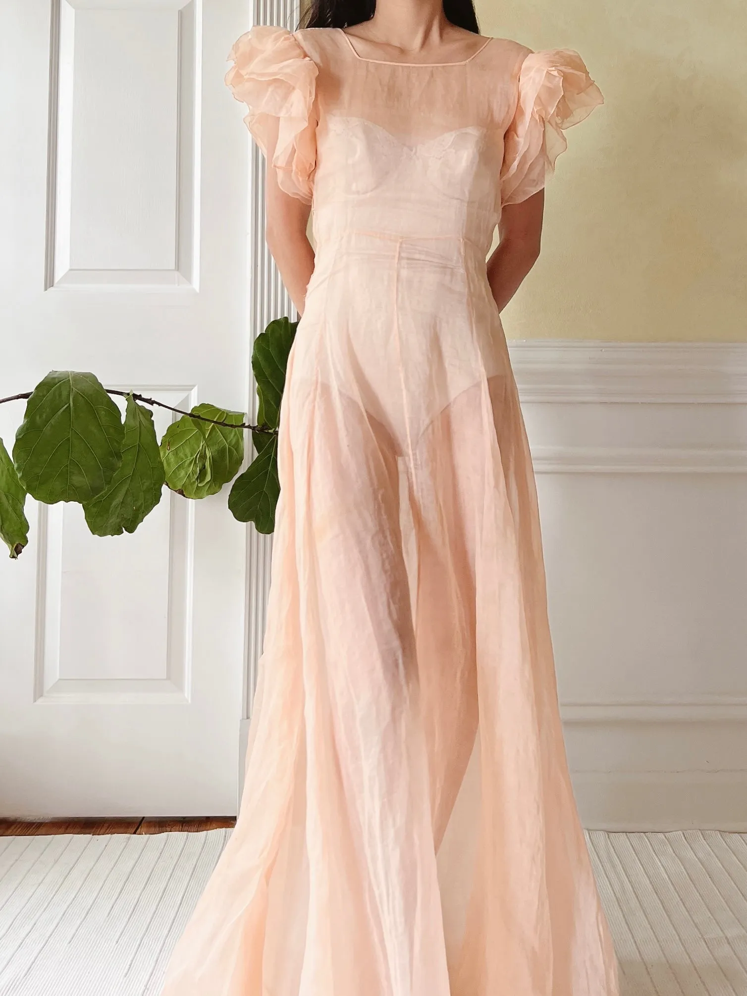 1930s Peach Organdy Dress - XS