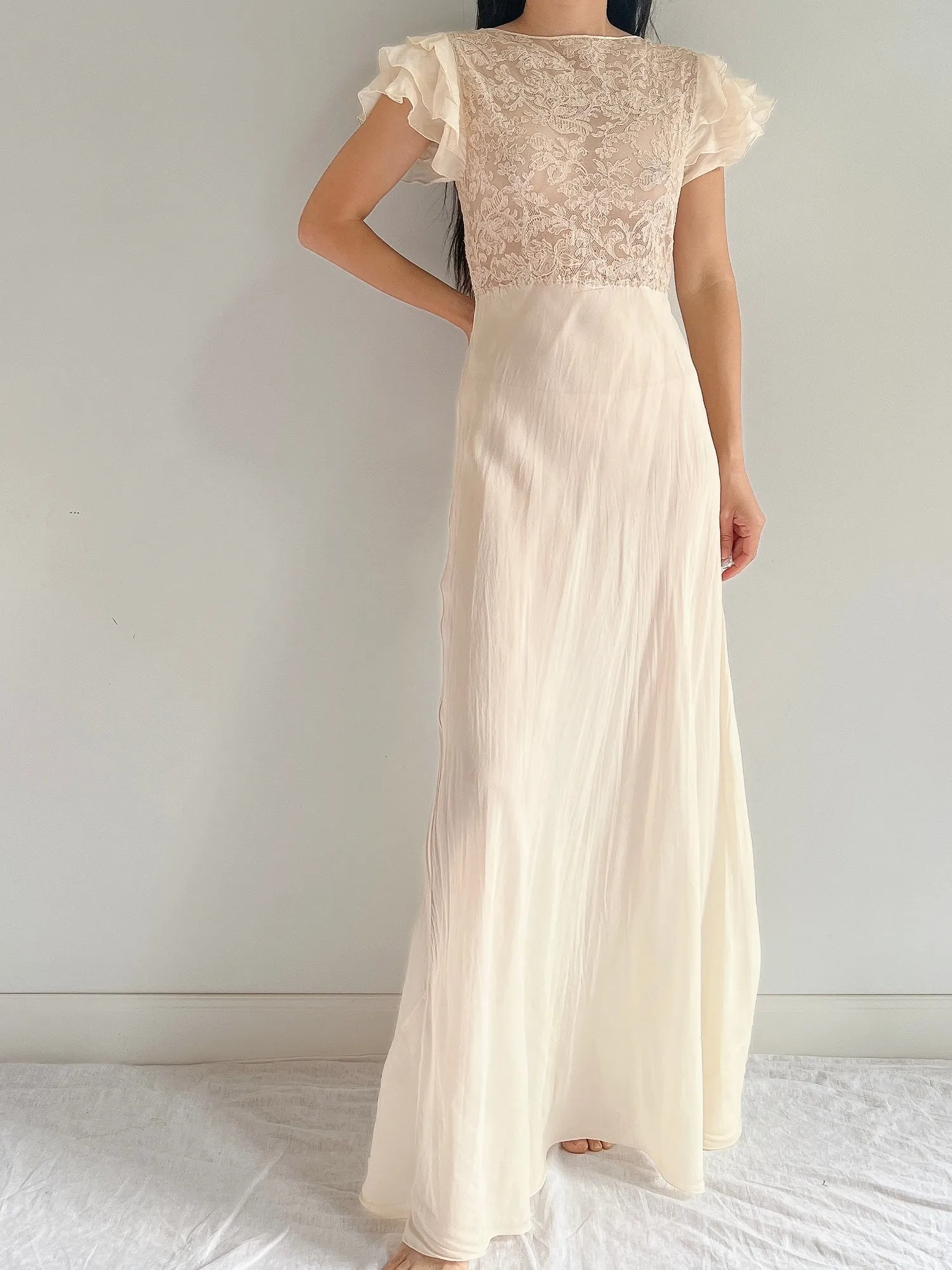 1930s Silk and Lace Dress - S