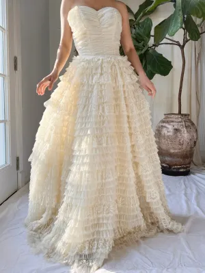 1950s Nylon and Lace Ruffle Dress - XS