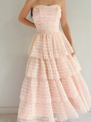 1950s Pink Tiered Embroidered Dress - S