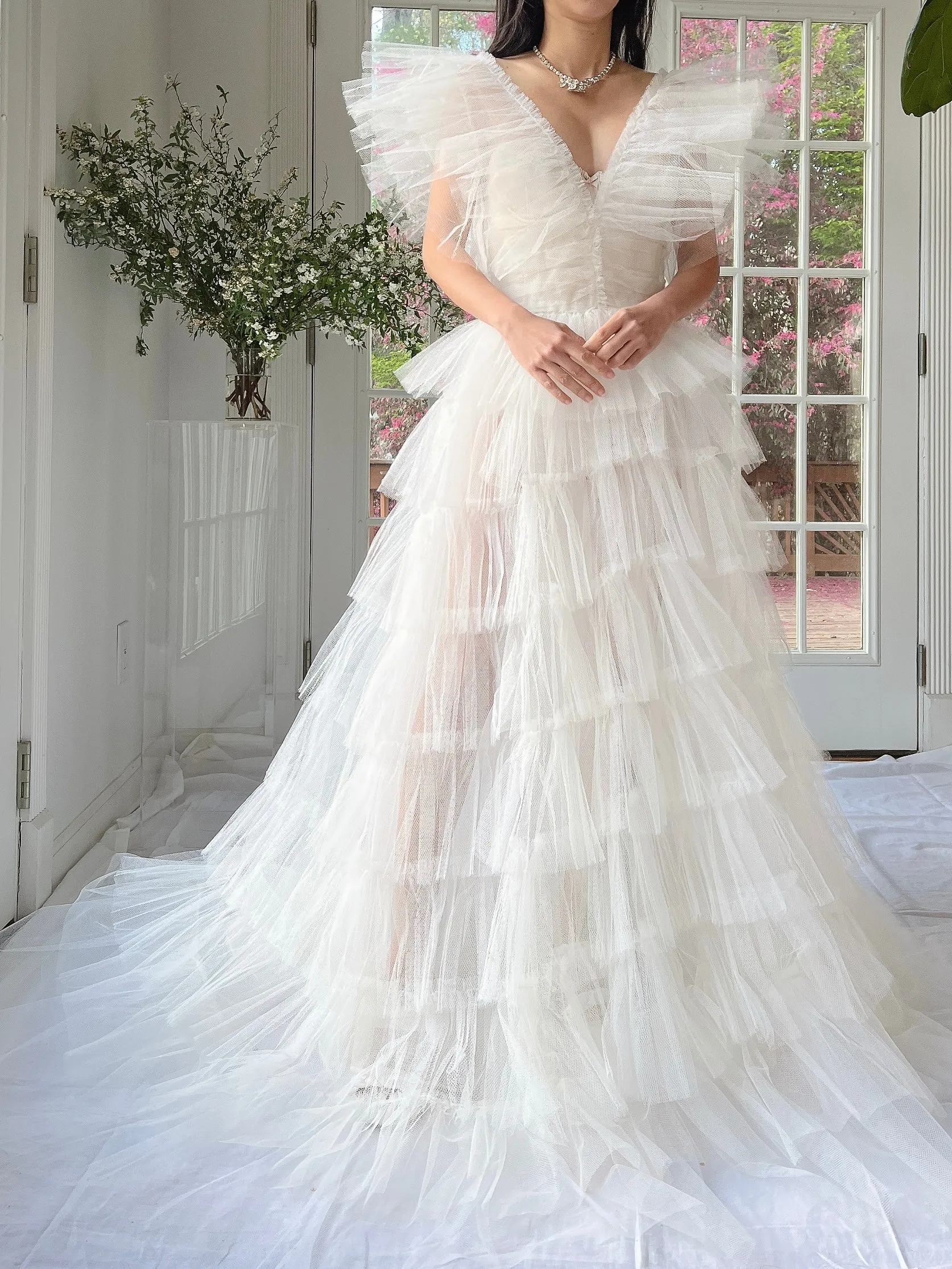 1950s Reconstructed Sheer Pleated Tulle Gown - S