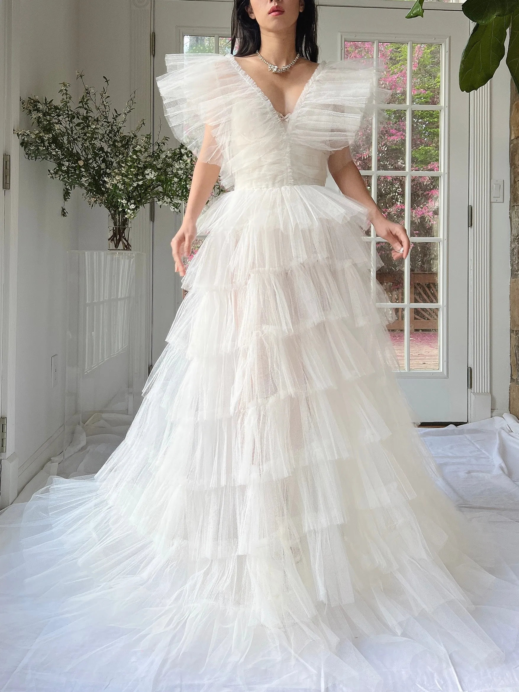 1950s Reconstructed Sheer Pleated Tulle Gown - S