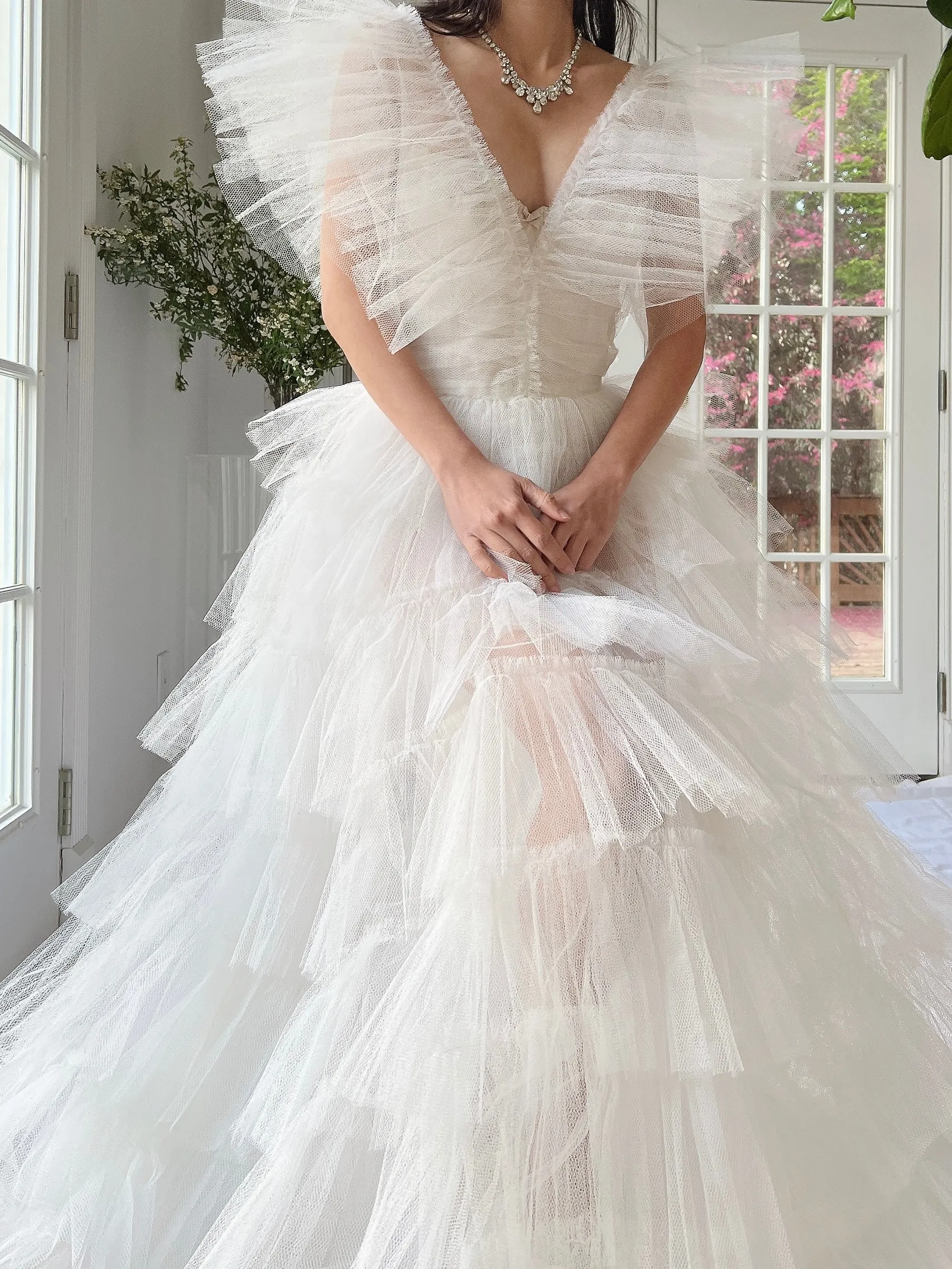 1950s Reconstructed Sheer Pleated Tulle Gown - S