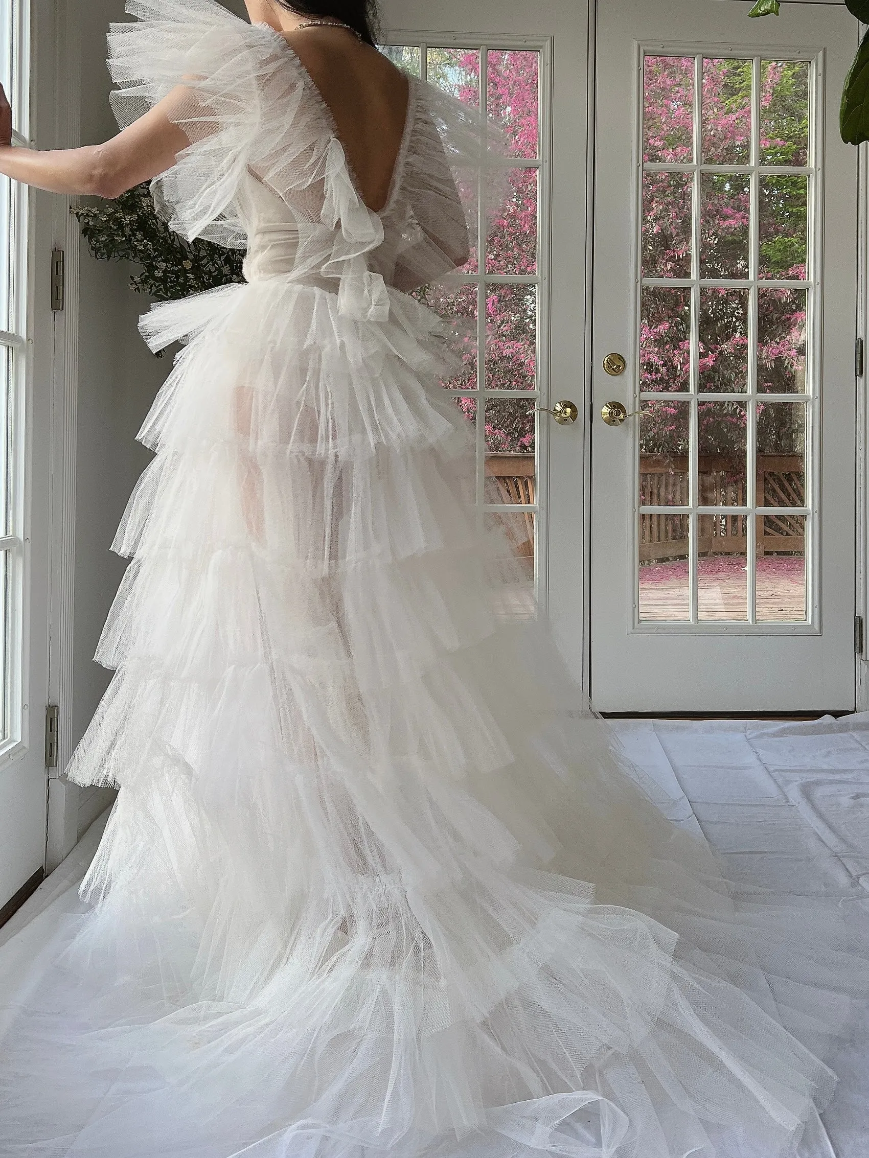 1950s Reconstructed Sheer Pleated Tulle Gown - S