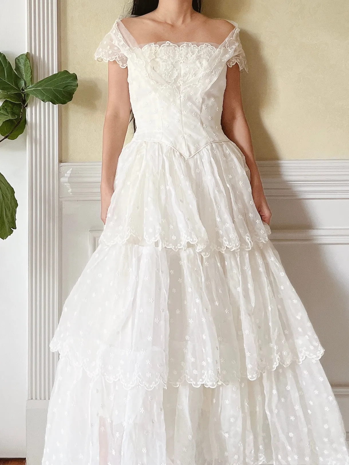 1950s Tiered Embroidered Gown - XS