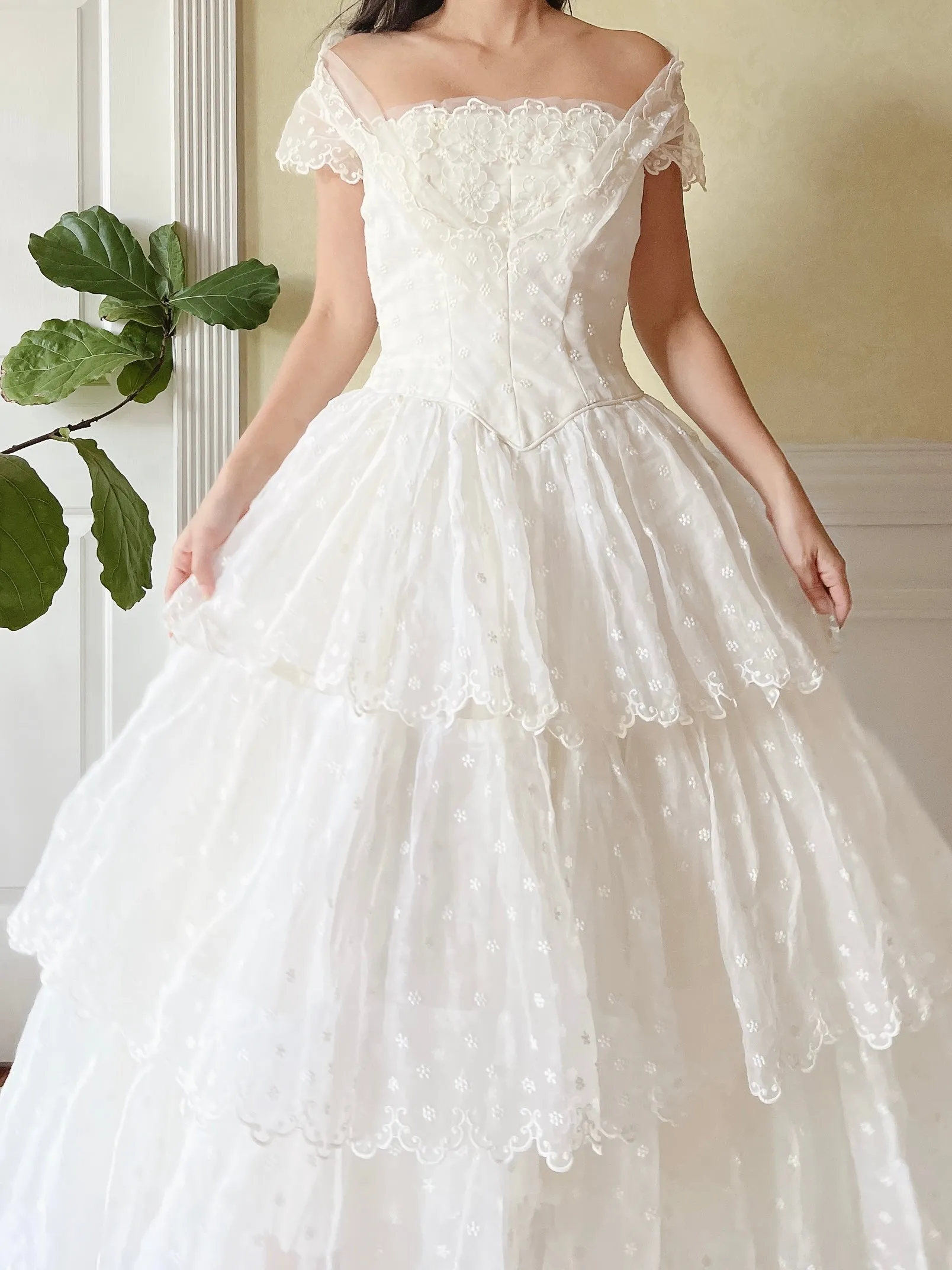 1950s Tiered Embroidered Gown - XS