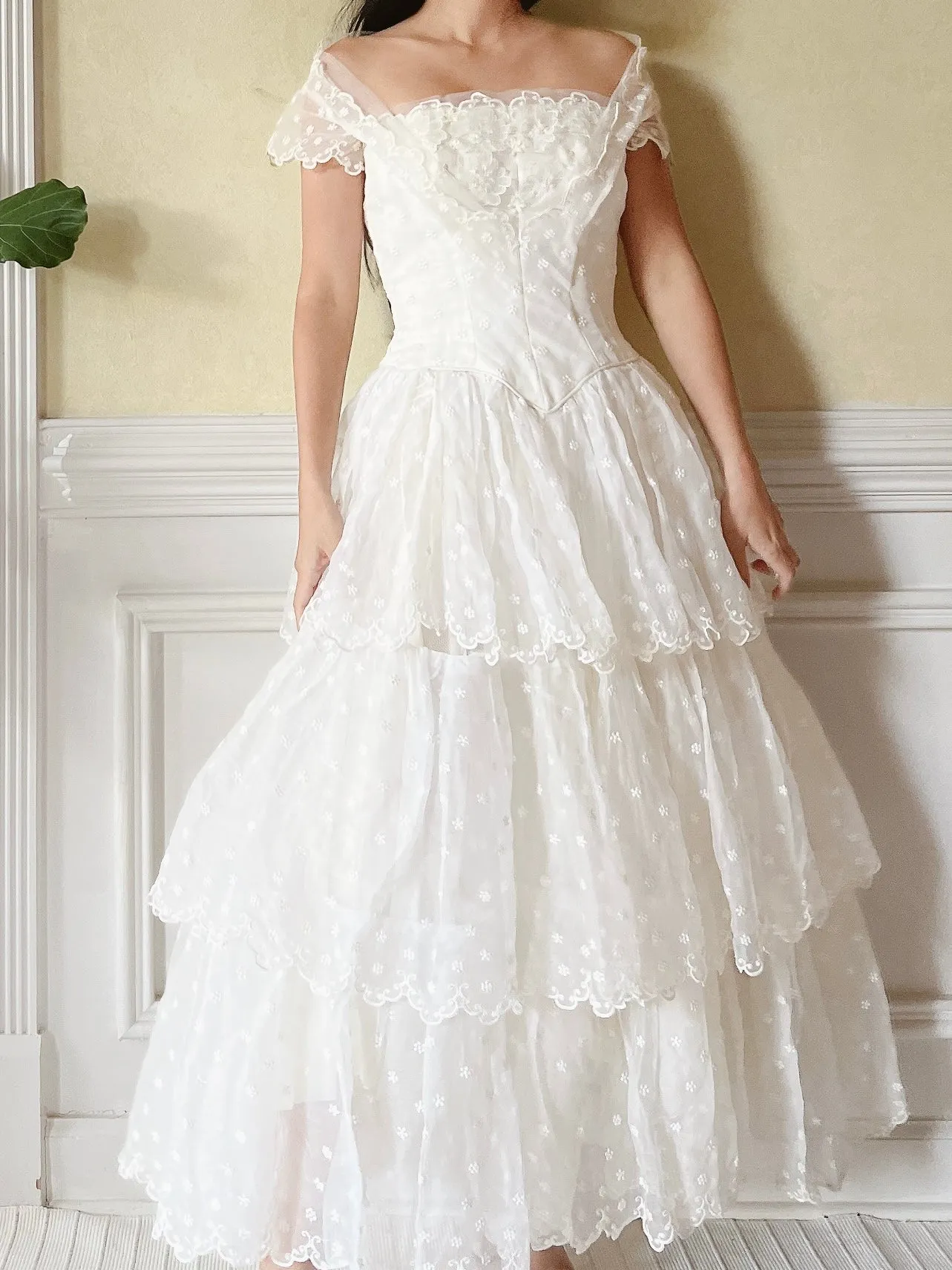 1950s Tiered Embroidered Gown - XS