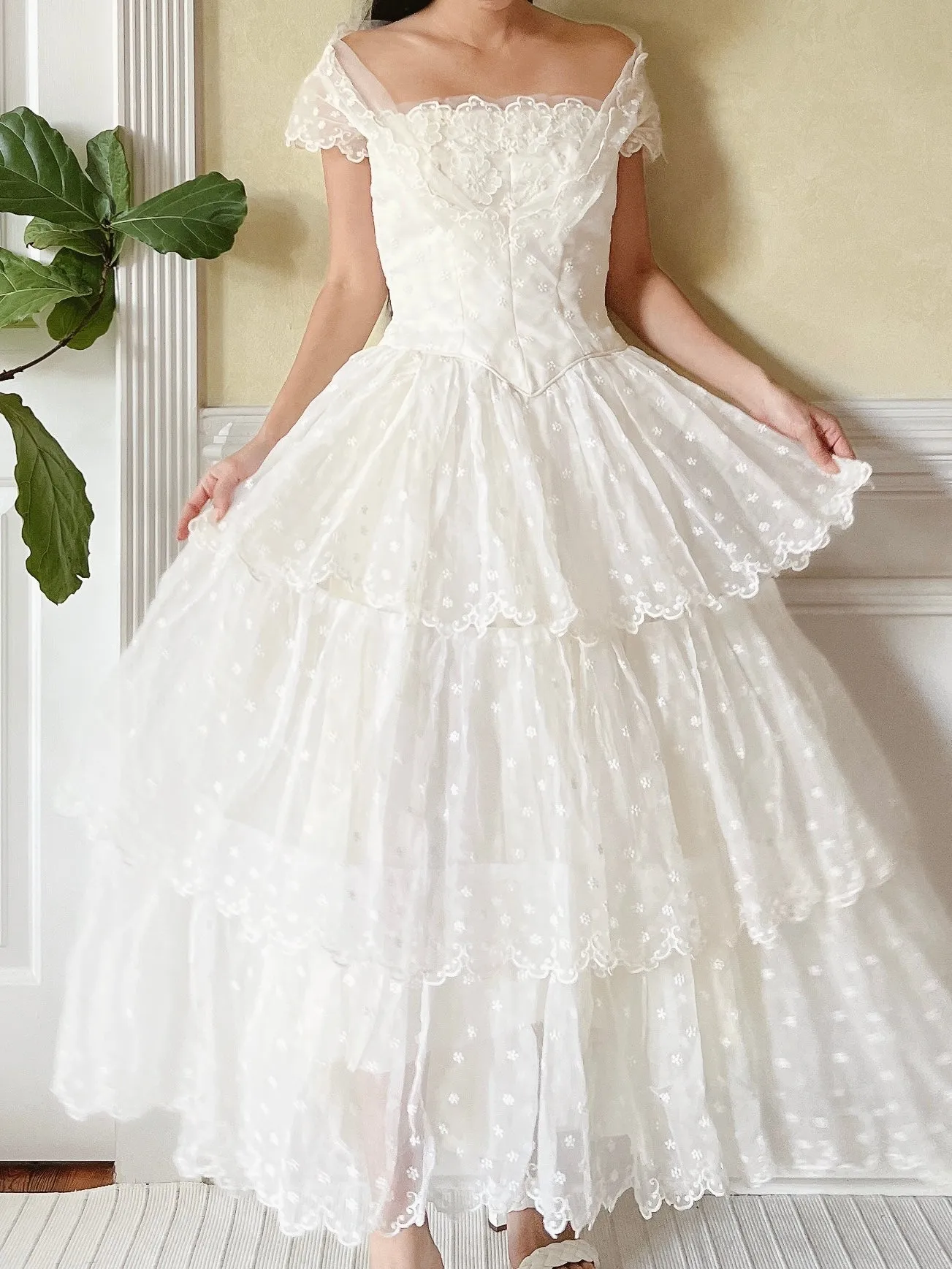 1950s Tiered Embroidered Gown - XS