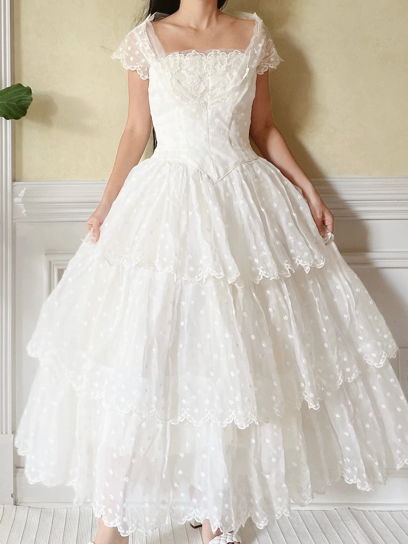1950s Tiered Embroidered Gown - XS