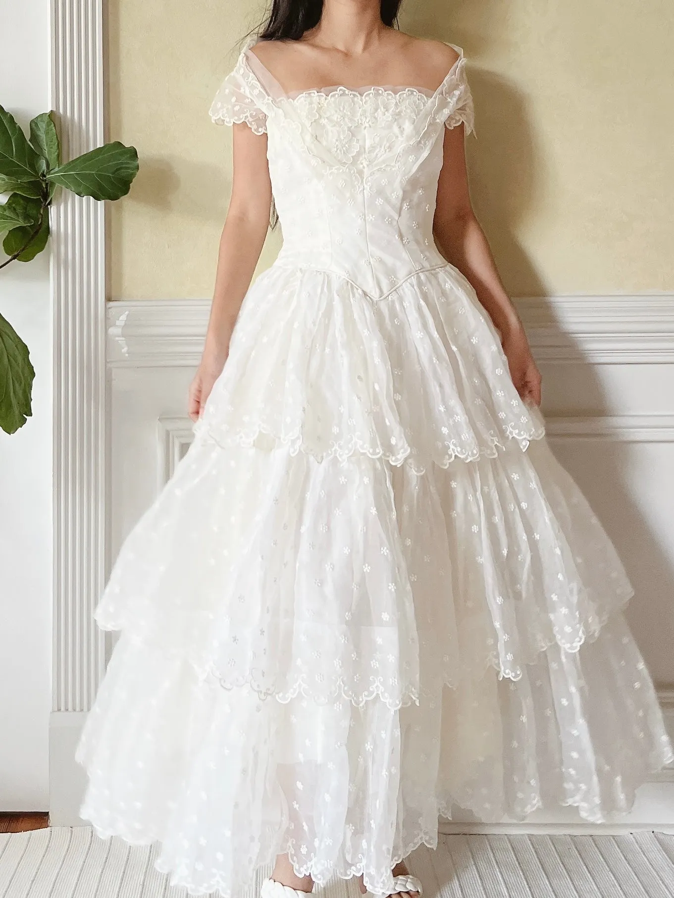 1950s Tiered Embroidered Gown - XS