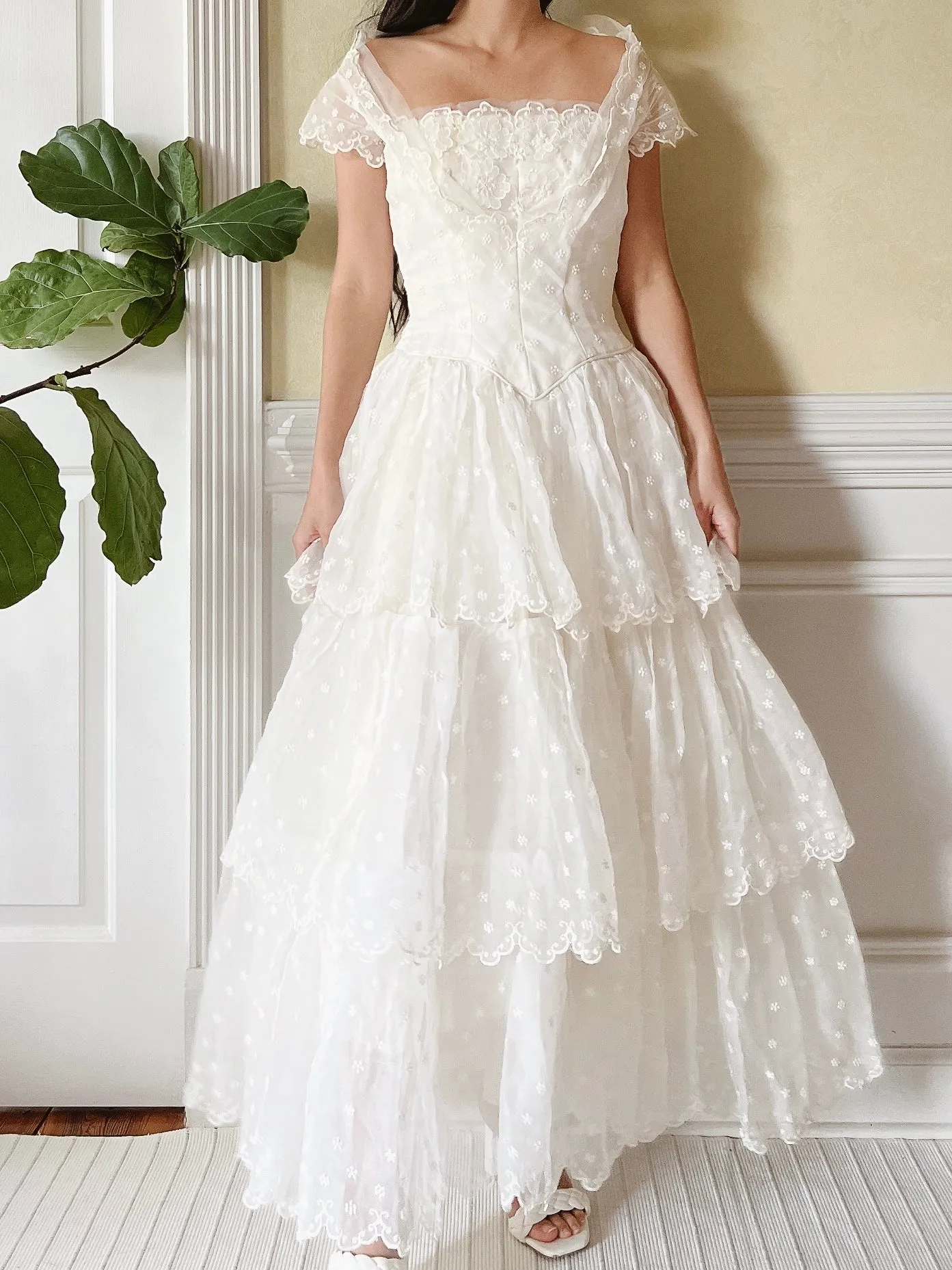 1950s Tiered Embroidered Gown - XS