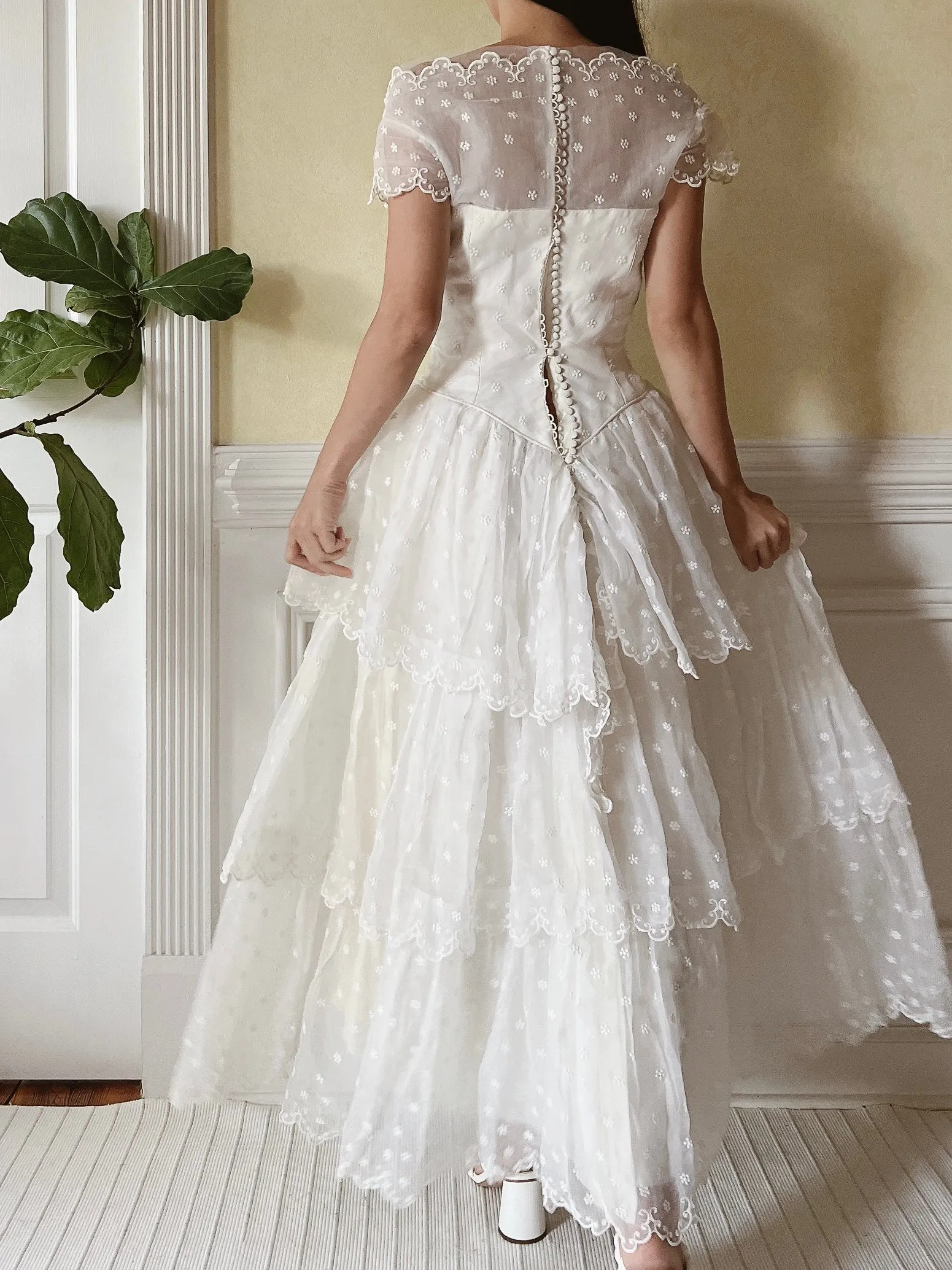 1950s Tiered Embroidered Gown - XS