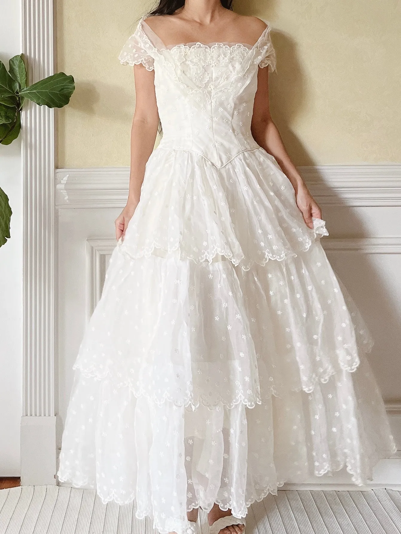 1950s Tiered Embroidered Gown - XS