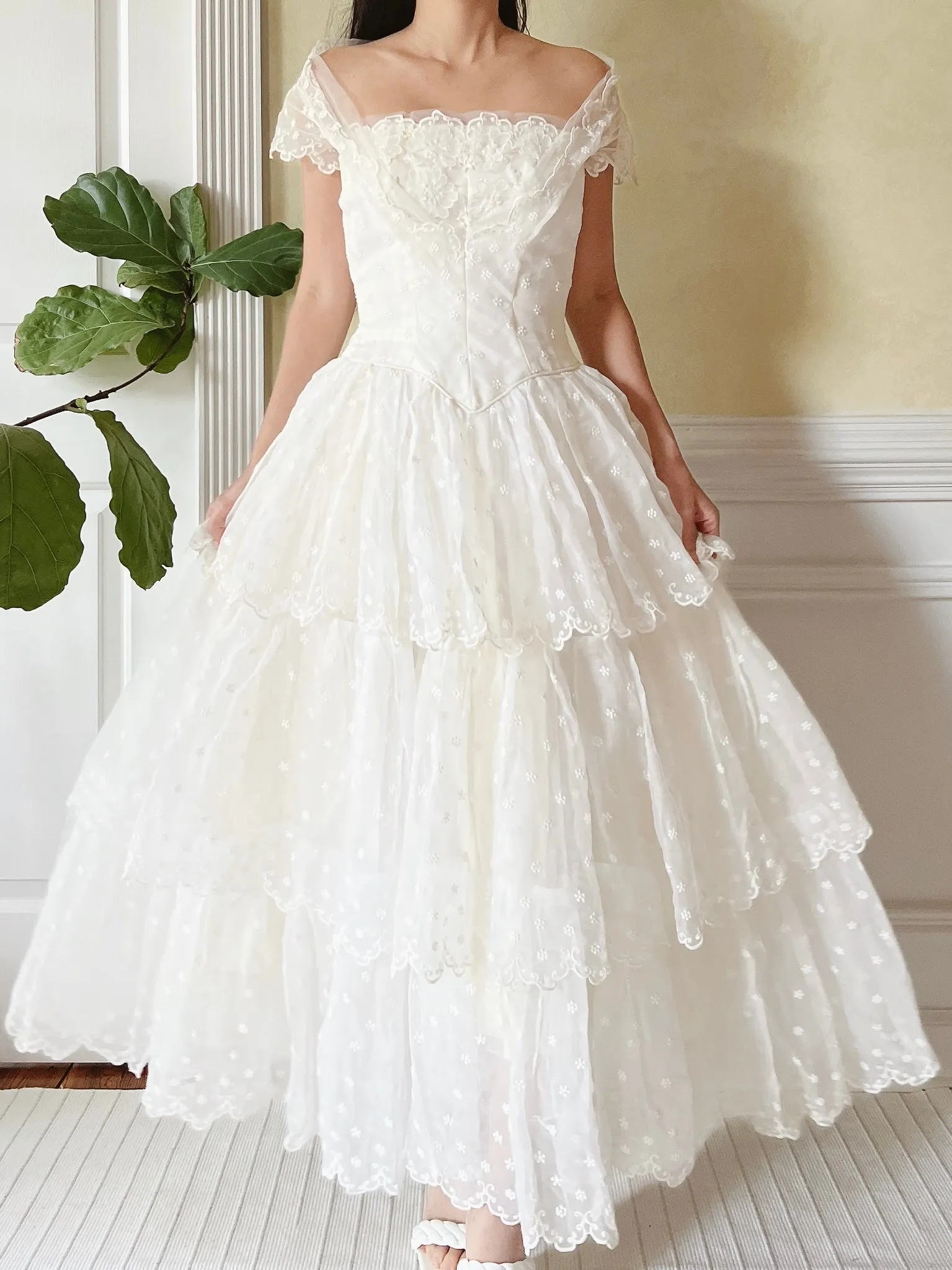 1950s Tiered Embroidered Gown - XS