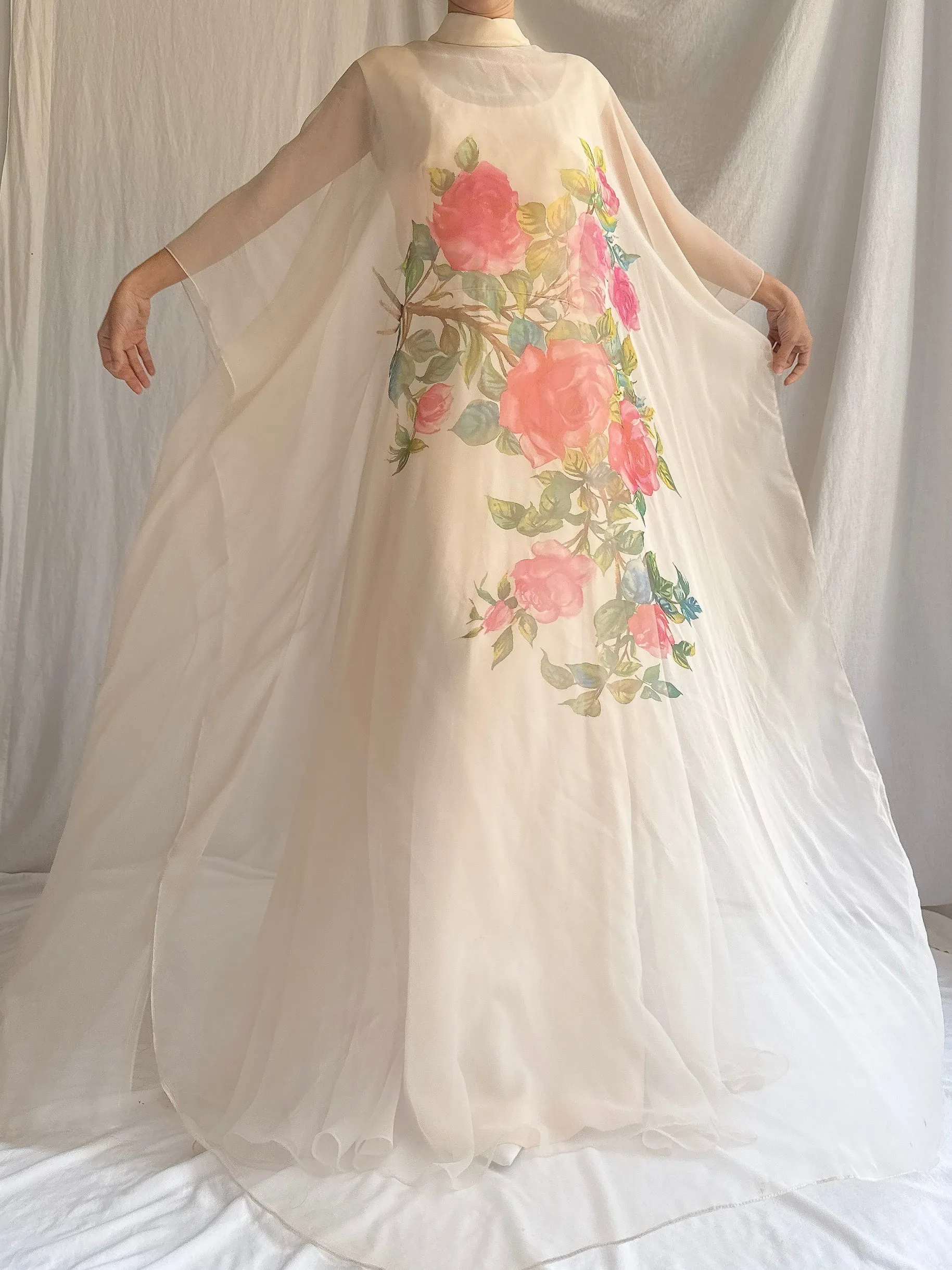 1960s Chiffon Rose Cape Dress - M