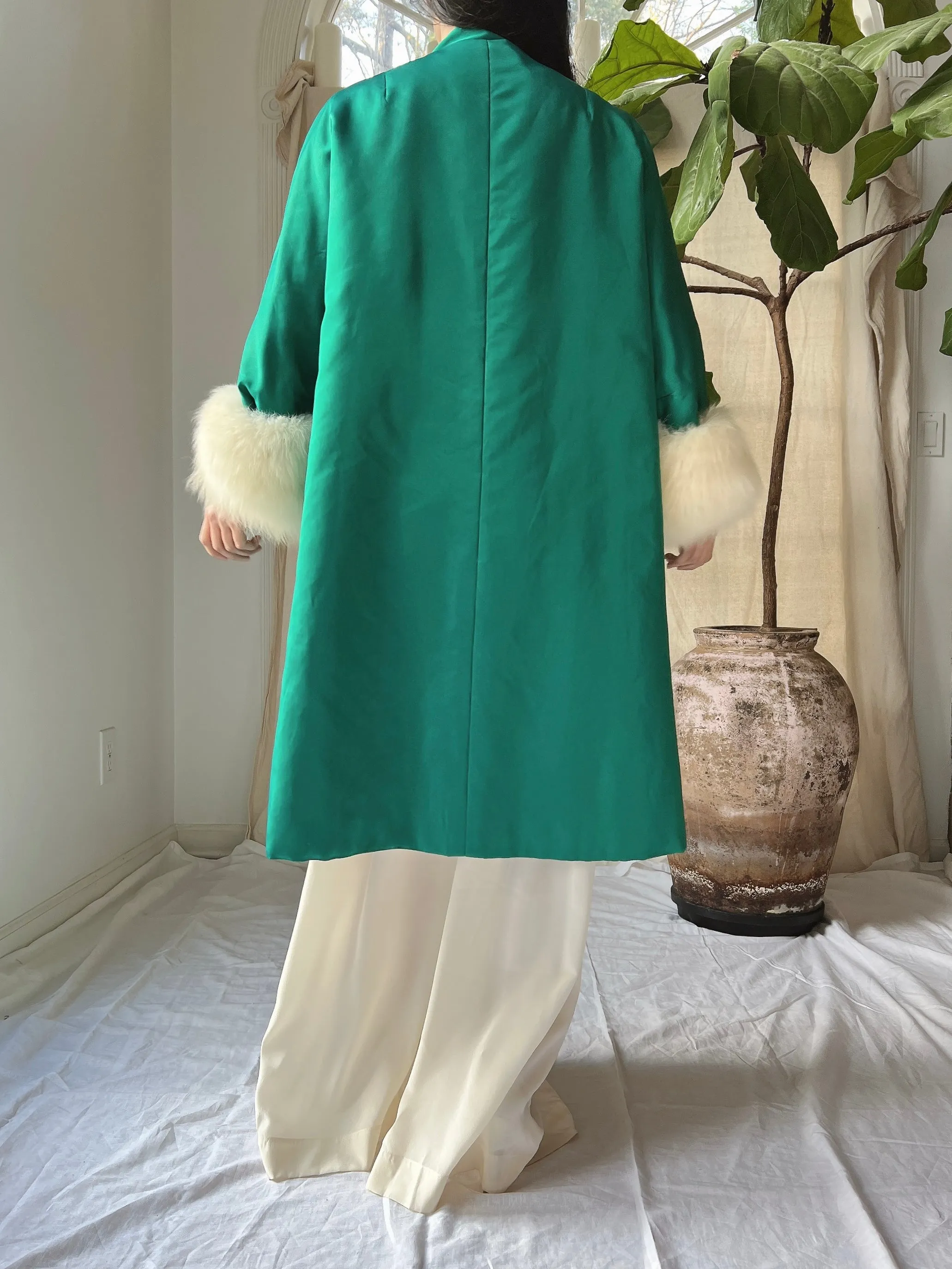 1960s Emerald Silk Satin Fox Cuff Coat - OSFM