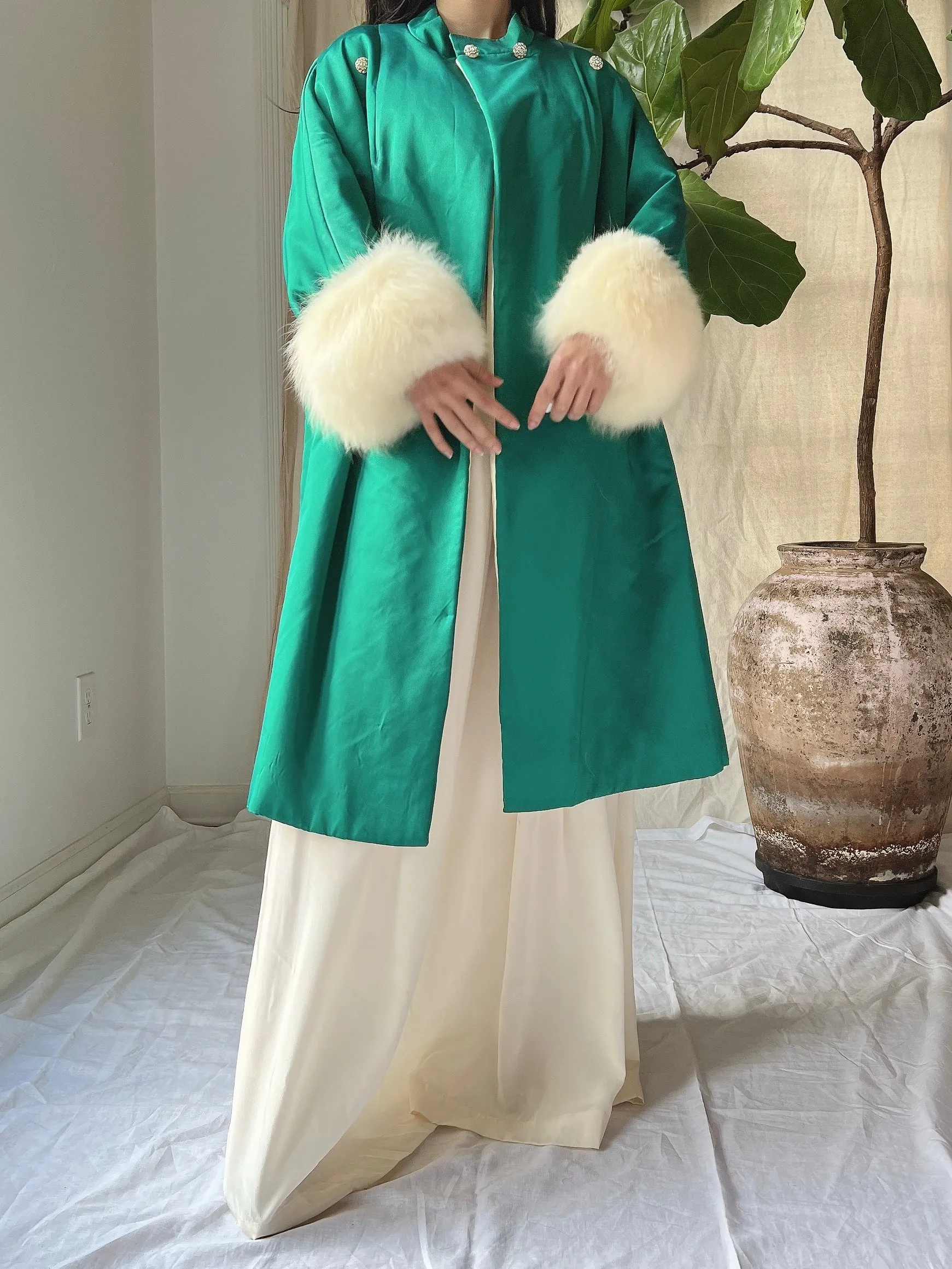 1960s Emerald Silk Satin Fox Cuff Coat - OSFM