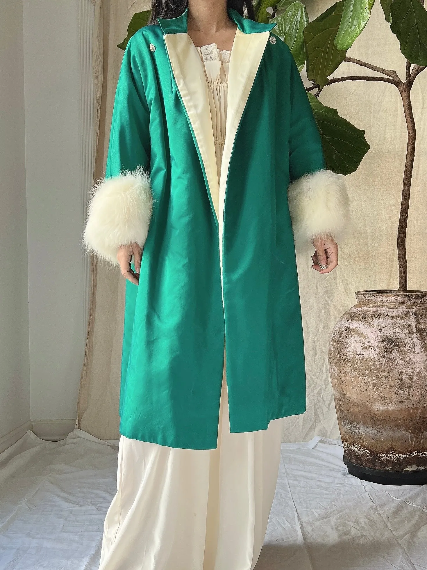 1960s Emerald Silk Satin Fox Cuff Coat - OSFM