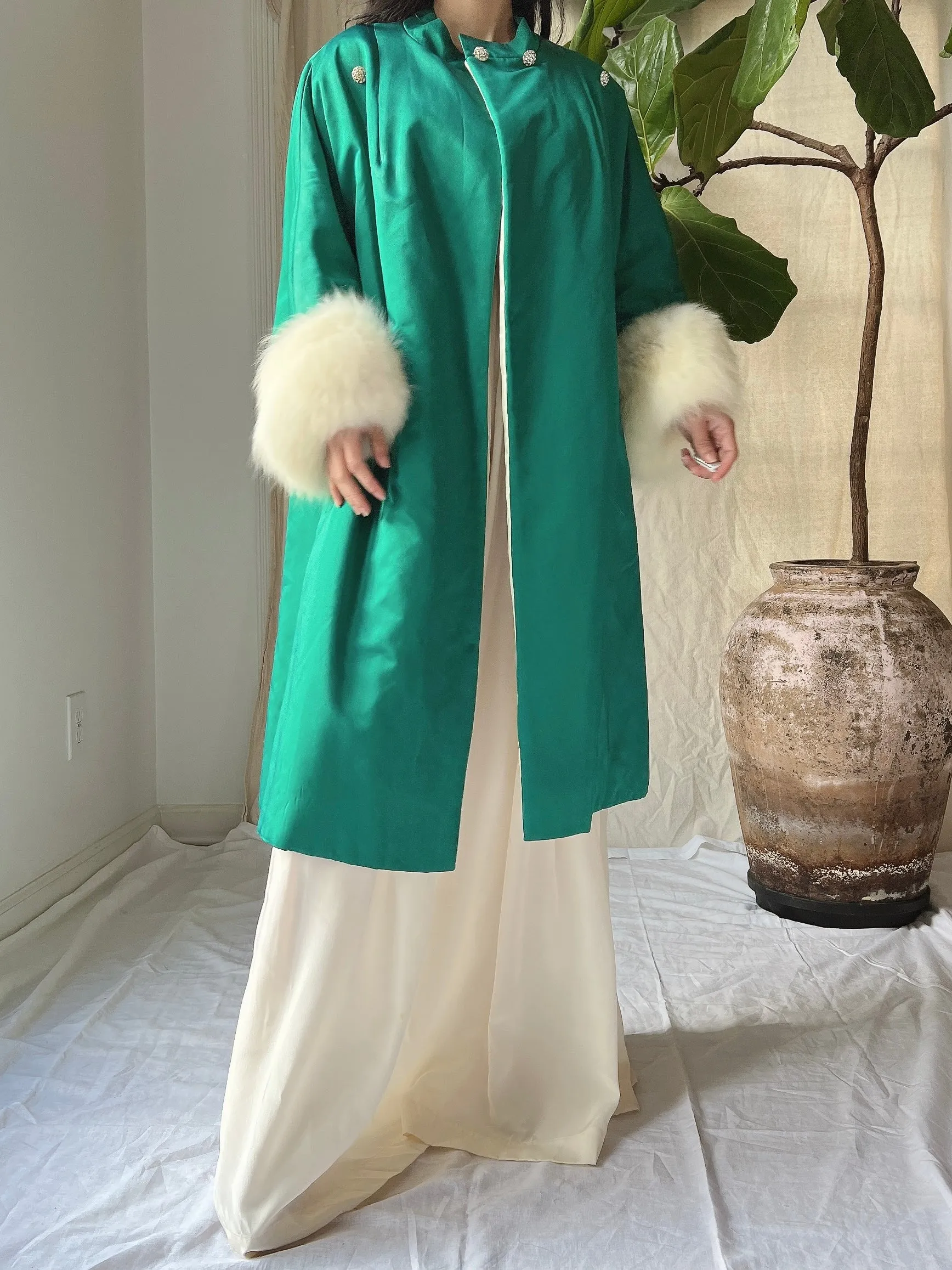 1960s Emerald Silk Satin Fox Cuff Coat - OSFM