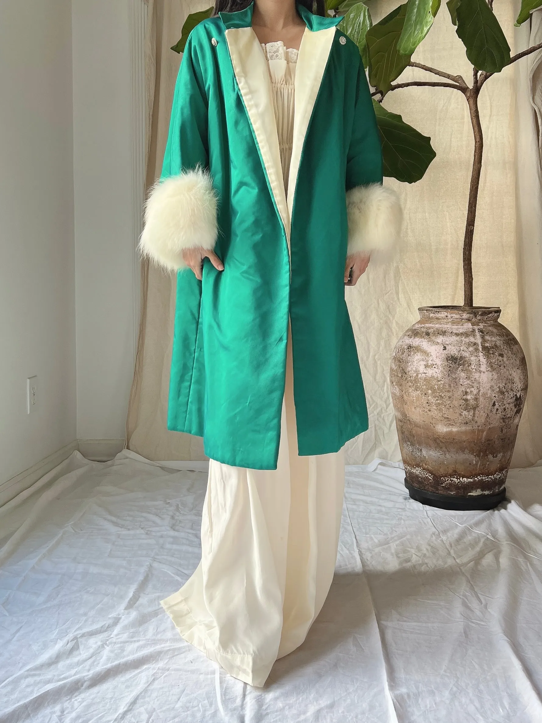1960s Emerald Silk Satin Fox Cuff Coat - OSFM