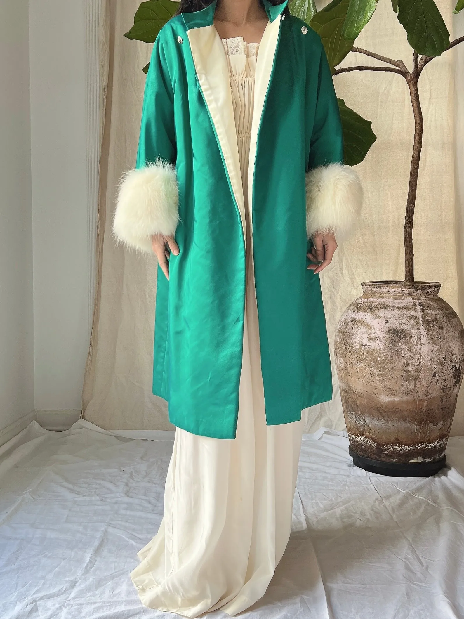 1960s Emerald Silk Satin Fox Cuff Coat - OSFM