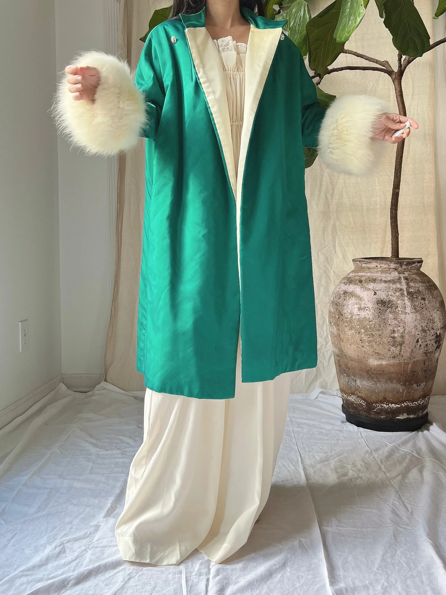 1960s Emerald Silk Satin Fox Cuff Coat - OSFM