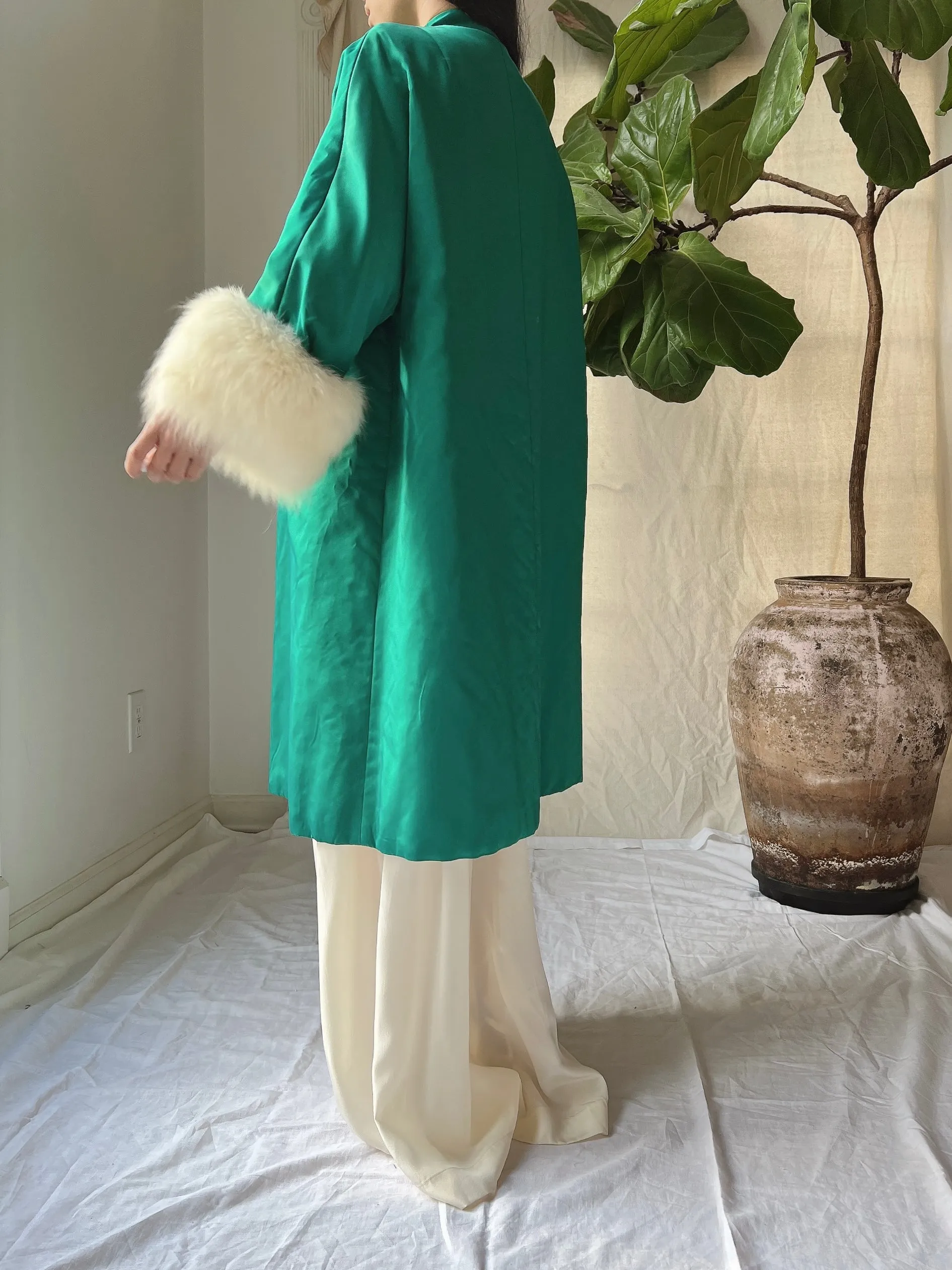 1960s Emerald Silk Satin Fox Cuff Coat - OSFM