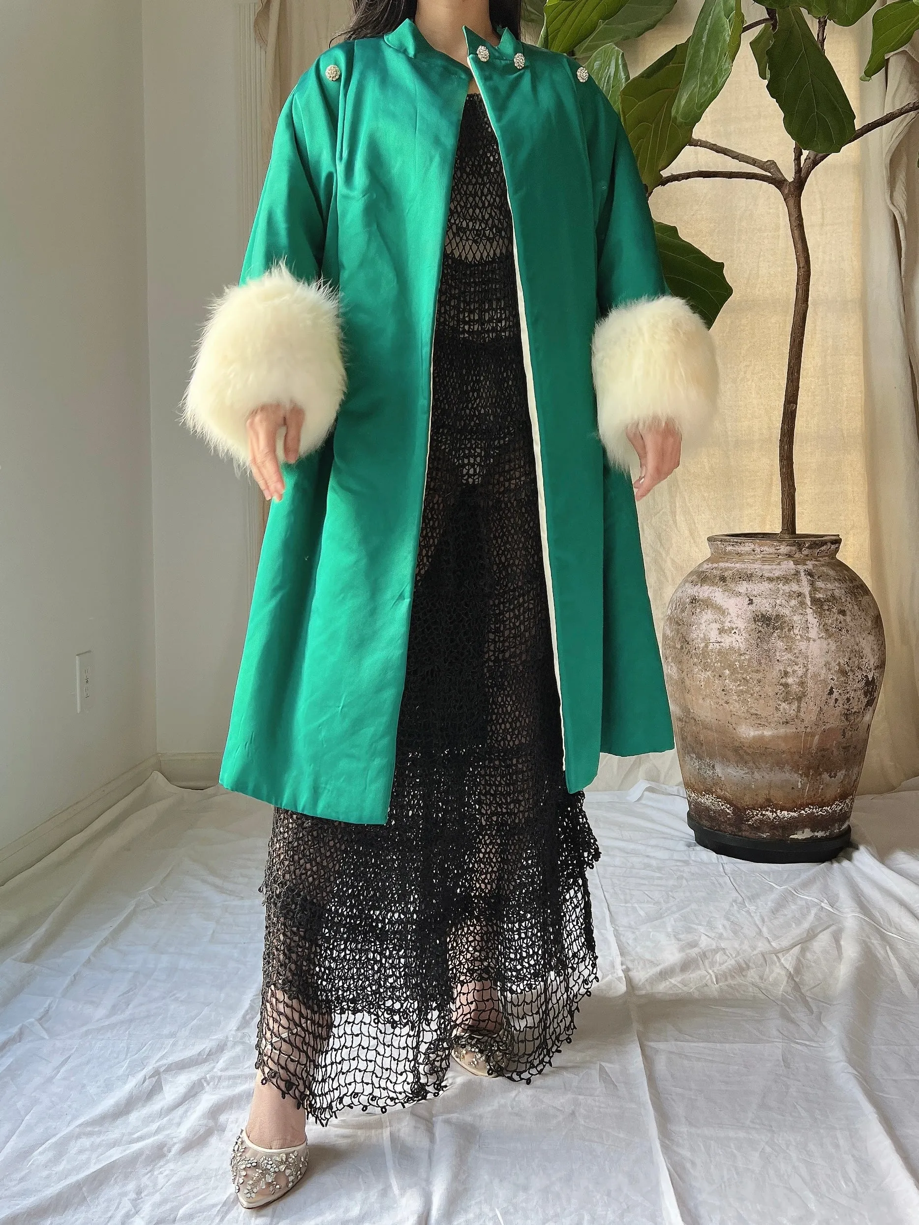 1960s Emerald Silk Satin Fox Cuff Coat - OSFM