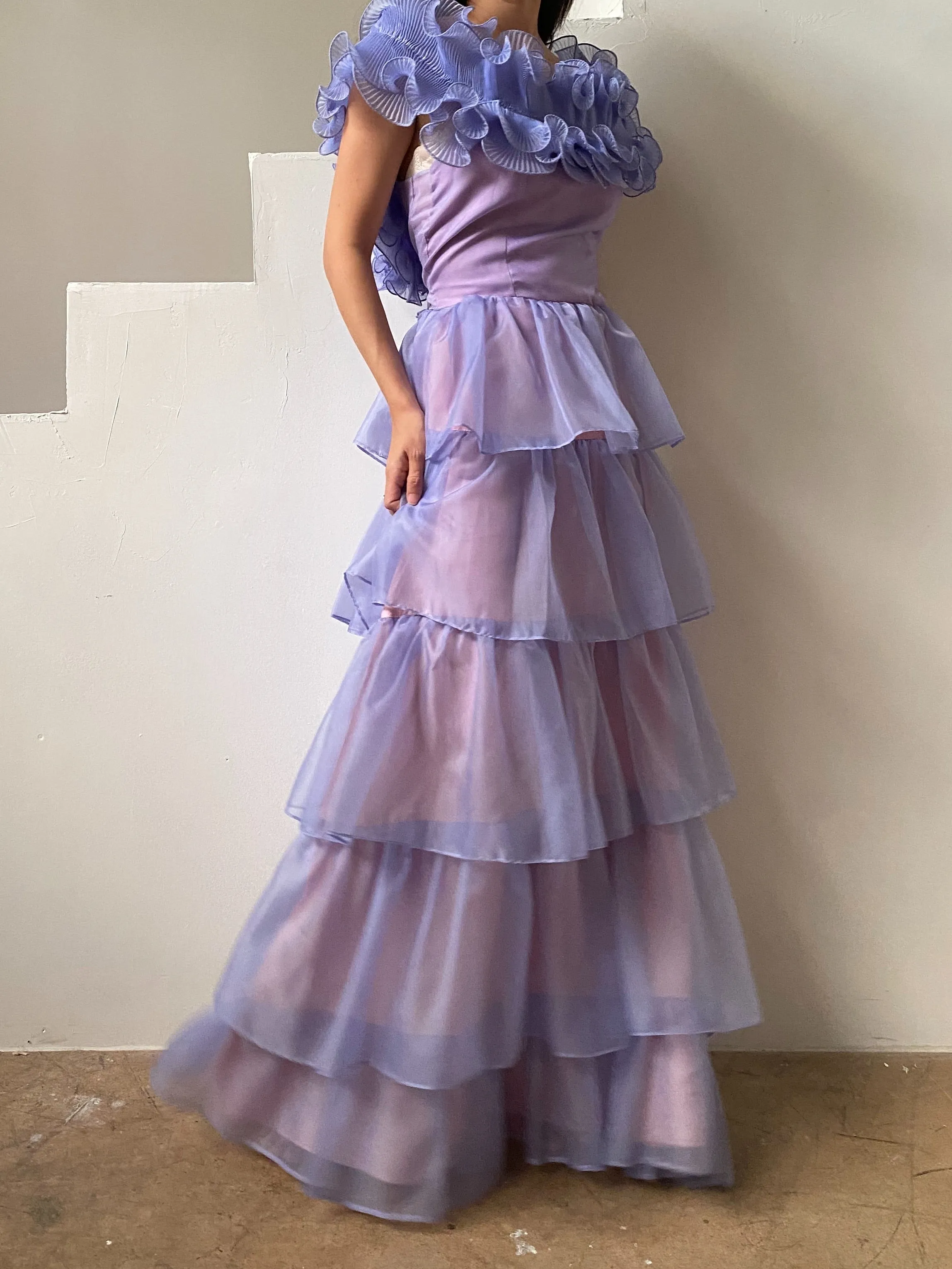 1960s Lavender Voile Strapless Ruffle - S/M
