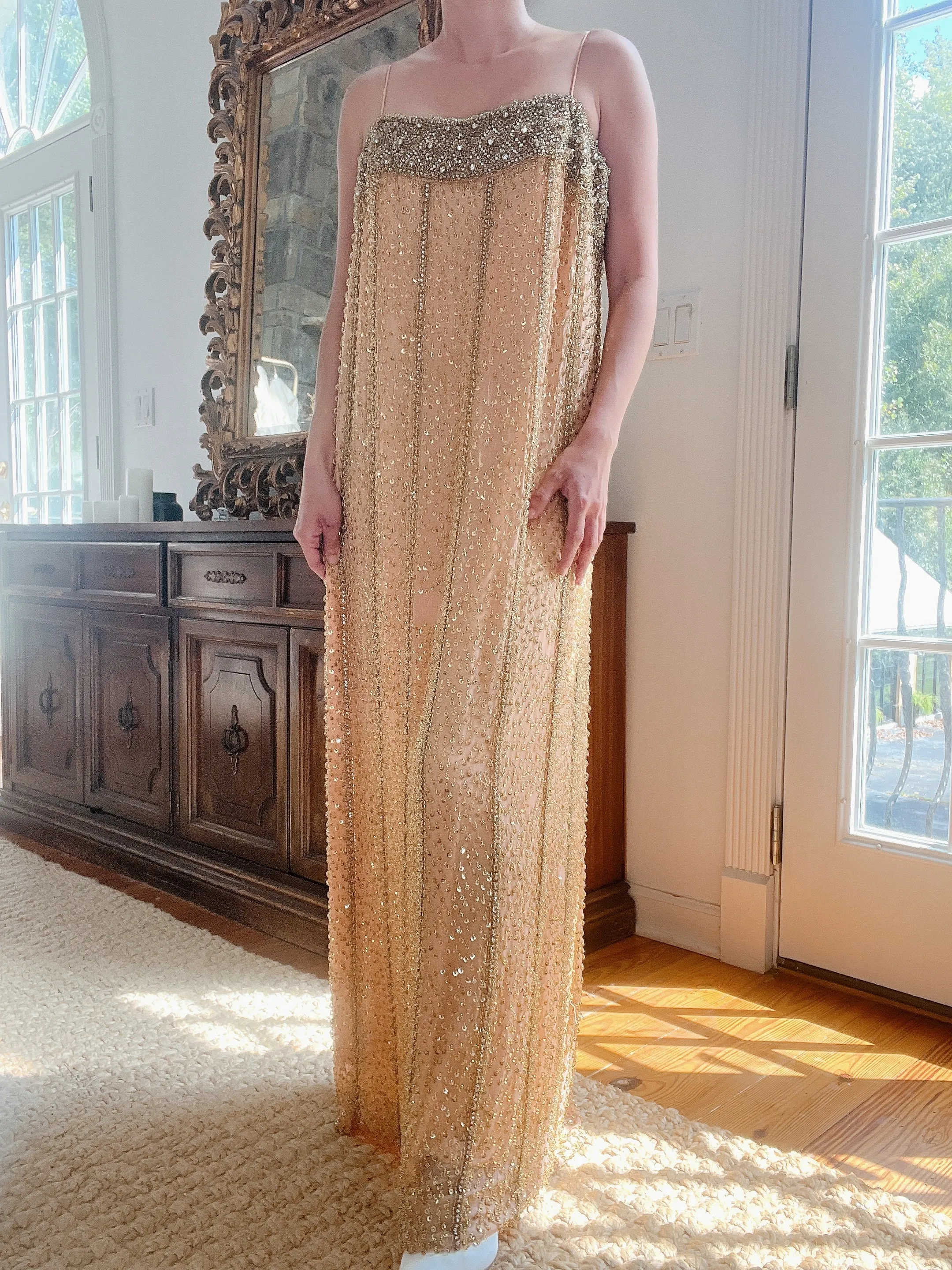 1960s Peach Beaded Gown & Cape - M/L